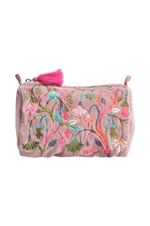 Tranquillo Kosmetiktasche aus Bio-Baumwolle VELVET MEADOW groß 20x14x9 cm mit Reißverschluss, Kulturbeutel Samtoberfläche, florale Stickerei, Makeup & Accessoires
