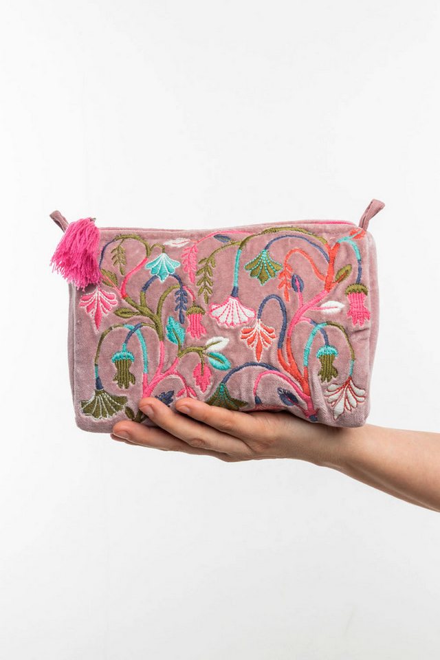 Tranquillo Kosmetiktasche aus Bio-Baumwolle VELVET MEADOW groß 20x14x9 cm mit Reißverschluss, Kulturbeutel Samtoberfläche, florale Stickerei, Makeup & Accessoires Bild 4