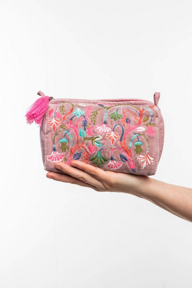Tranquillo Kosmetiktasche aus Bio-Baumwolle VELVET MEADOW klein 18x12x8 cm mit Reißverschluss, Samttasche mit floraler Stickerei, für Accessoires und Make-up Bild 2