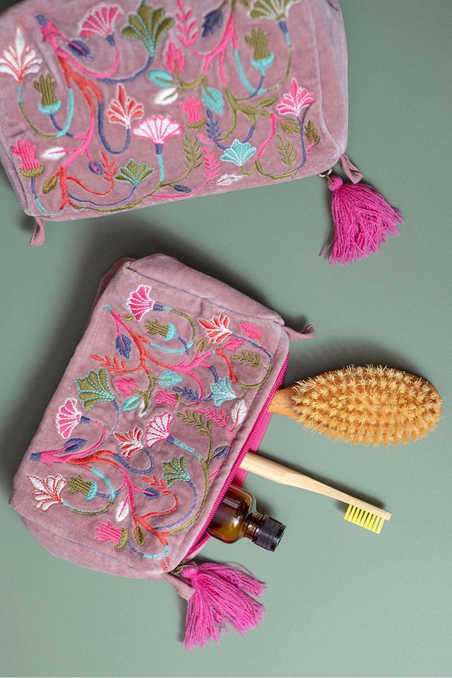 Tranquillo Kosmetiktasche aus Bio-Baumwolle VELVET MEADOW klein 18x12x8 cm mit Reißverschluss, Samttasche mit floraler Stickerei, für Accessoires und Make-up Bild 3