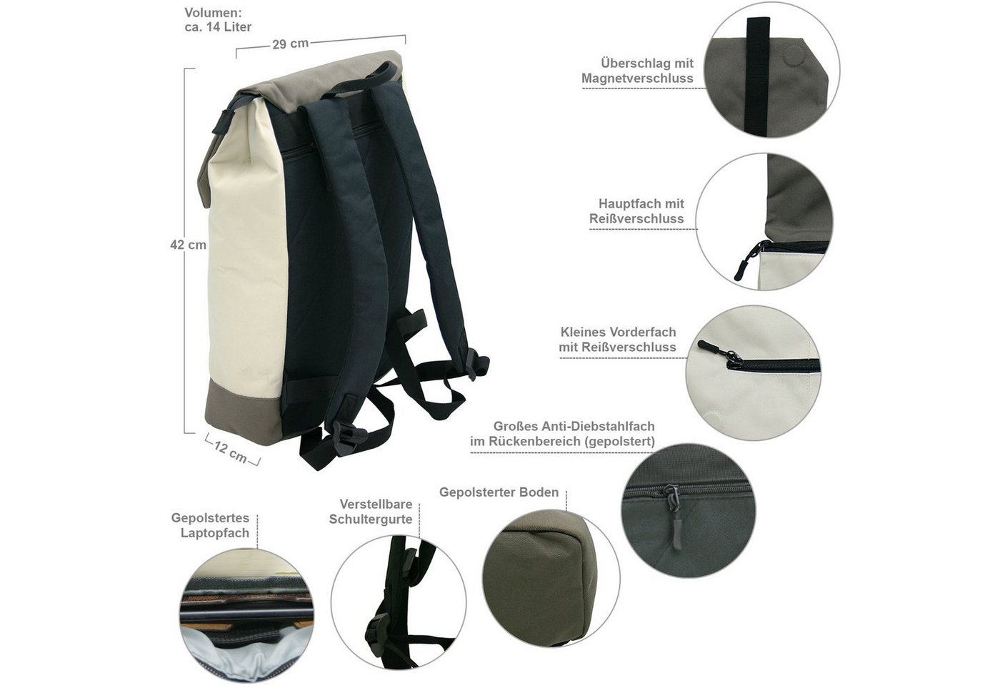 J JONES JENNIFER JONES Cityrucksack Damen Rucksack 14 Liter - Daypack mit Laptopfach/Tabletfach, gepolstertes Laptopfach Bild 2