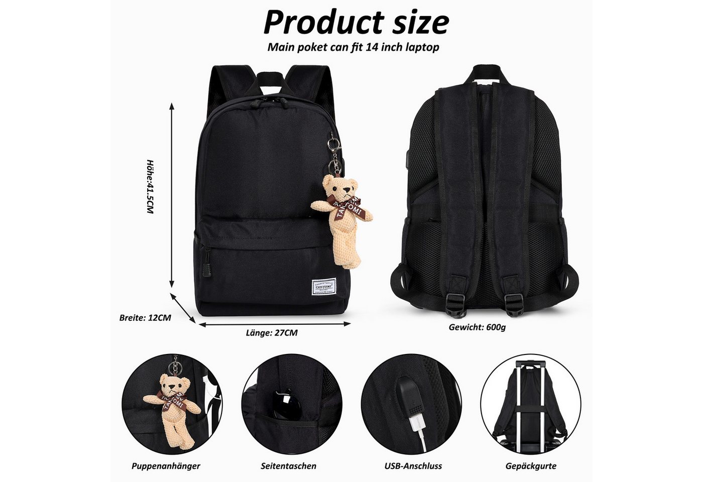 TAN.TOMI Schulrucksack Schulrucksäcke Schule Mädchen Laptop-Rucksack Laptop Fach (Sportrucksack Mit USB-Anschluss Anti-Diebstahl), Rucksäcke Schulrucksack Reiserucksack Arbeitsrucksack Bild 3
