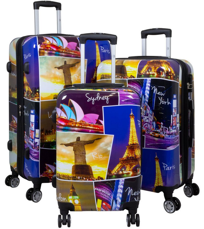 Warenhandel König Trolleyset Five Cities, 4 Rollen, (Gr. M, L und XL, 3 tlg., Hartschalen Trolley Set), mit Motiv, Dehnfalte zur Vergrößerung des Packvolumens