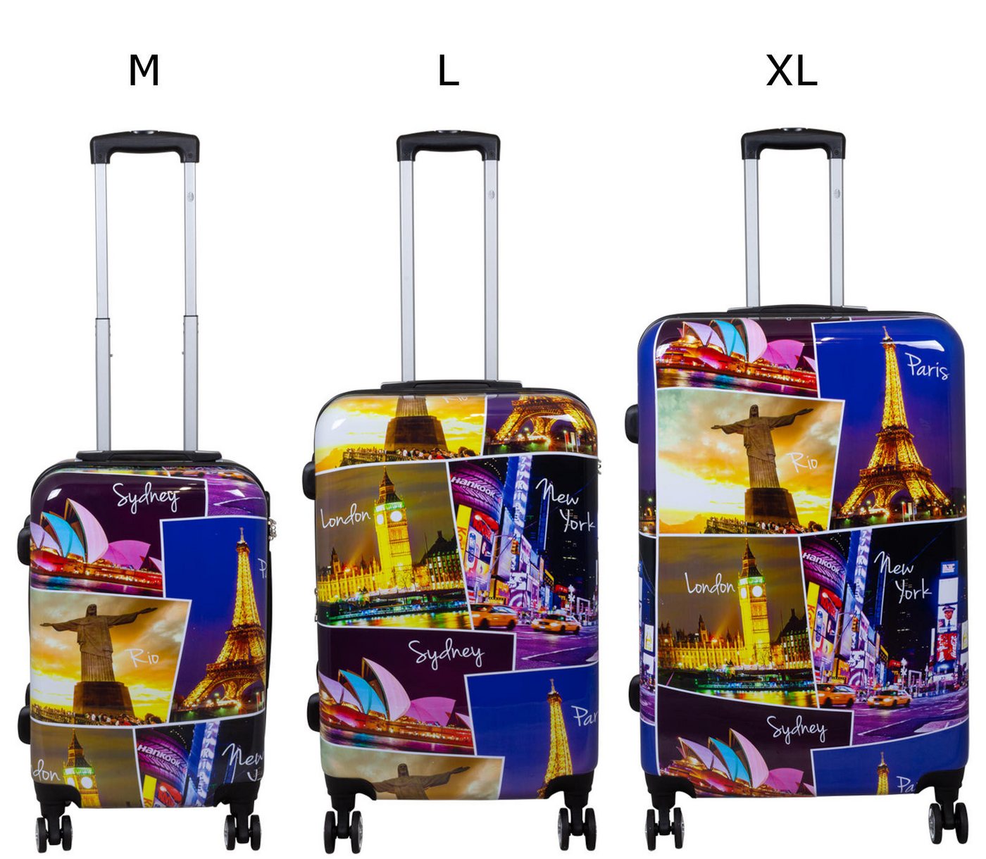 Warenhandel König Trolleyset Five Cities, 4 Rollen, (Gr. M, L und XL, 3 tlg., Hartschalen Trolley Set), mit Motiv, Dehnfalte zur Vergrößerung des Packvolumens Bild 2