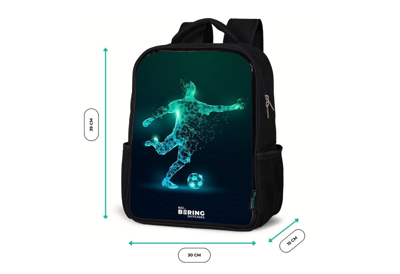 NoBoringSuitcases.com© Rucksack Schwarz - Fußballer kickt mit Gewalt in digitaler Form, Kinderrucksack Schwarz, Schulrucksack, Freizeitrucksack Jungen Mädchen