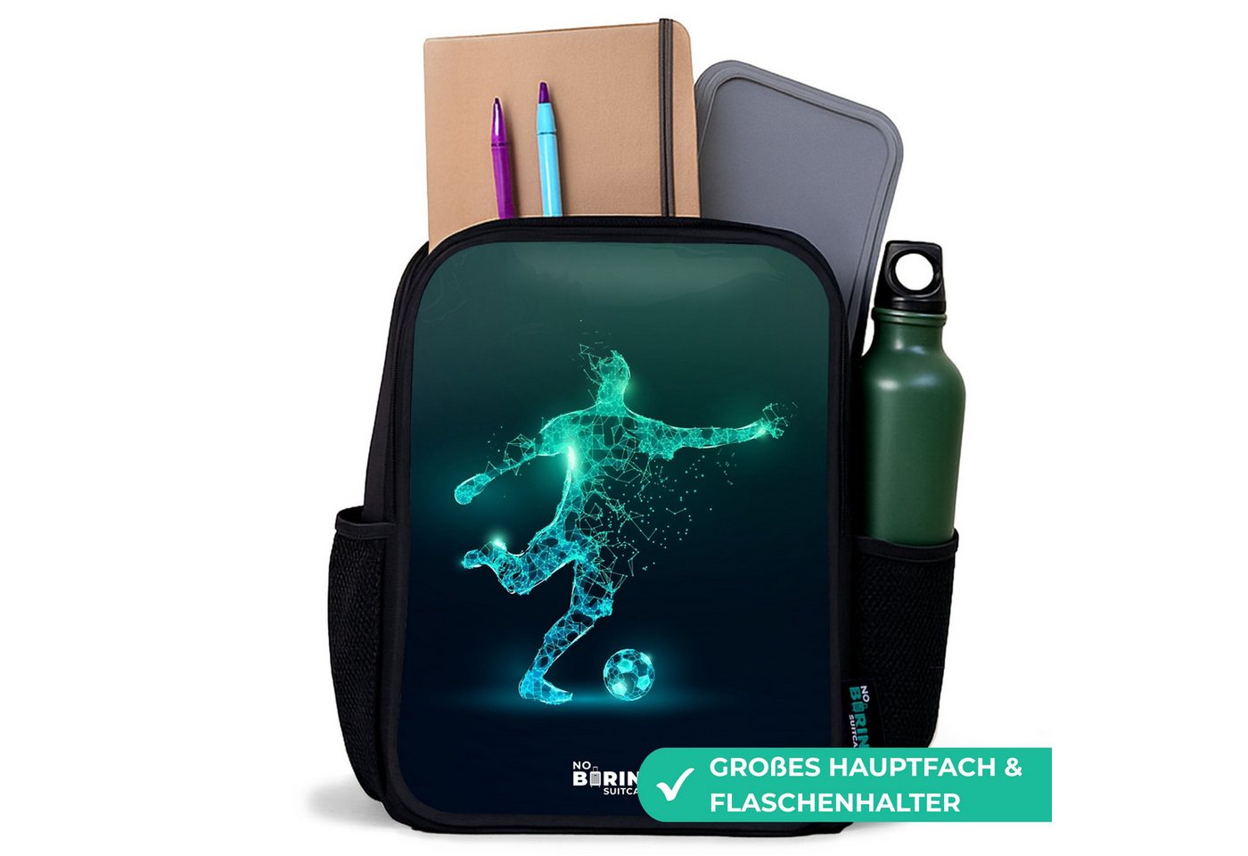 NoBoringSuitcases.com© Rucksack Schwarz - Fußballer kickt mit Gewalt in digitaler Form, Kinderrucksack Schwarz, Schulrucksack, Freizeitrucksack Jungen Mädchen Bild 2