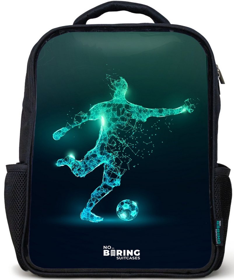 NoBoringSuitcases.com© Rucksack Schwarz - Fußballer kickt mit Gewalt in digitaler Form, Kinderrucksack Schwarz, Schulrucksack, Freizeitrucksack Jungen Mädchen Bild 3