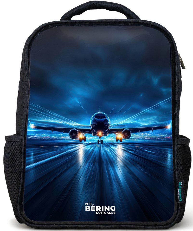 NoBoringSuitcases.com© Rucksack Schwarz - Ein Flugzeug hebt in einer futuristischen Nachtlandschaft ab, Kinderrucksack Schwarz, Schulrucksack, Freizeitrucksack Jungen Mädchen