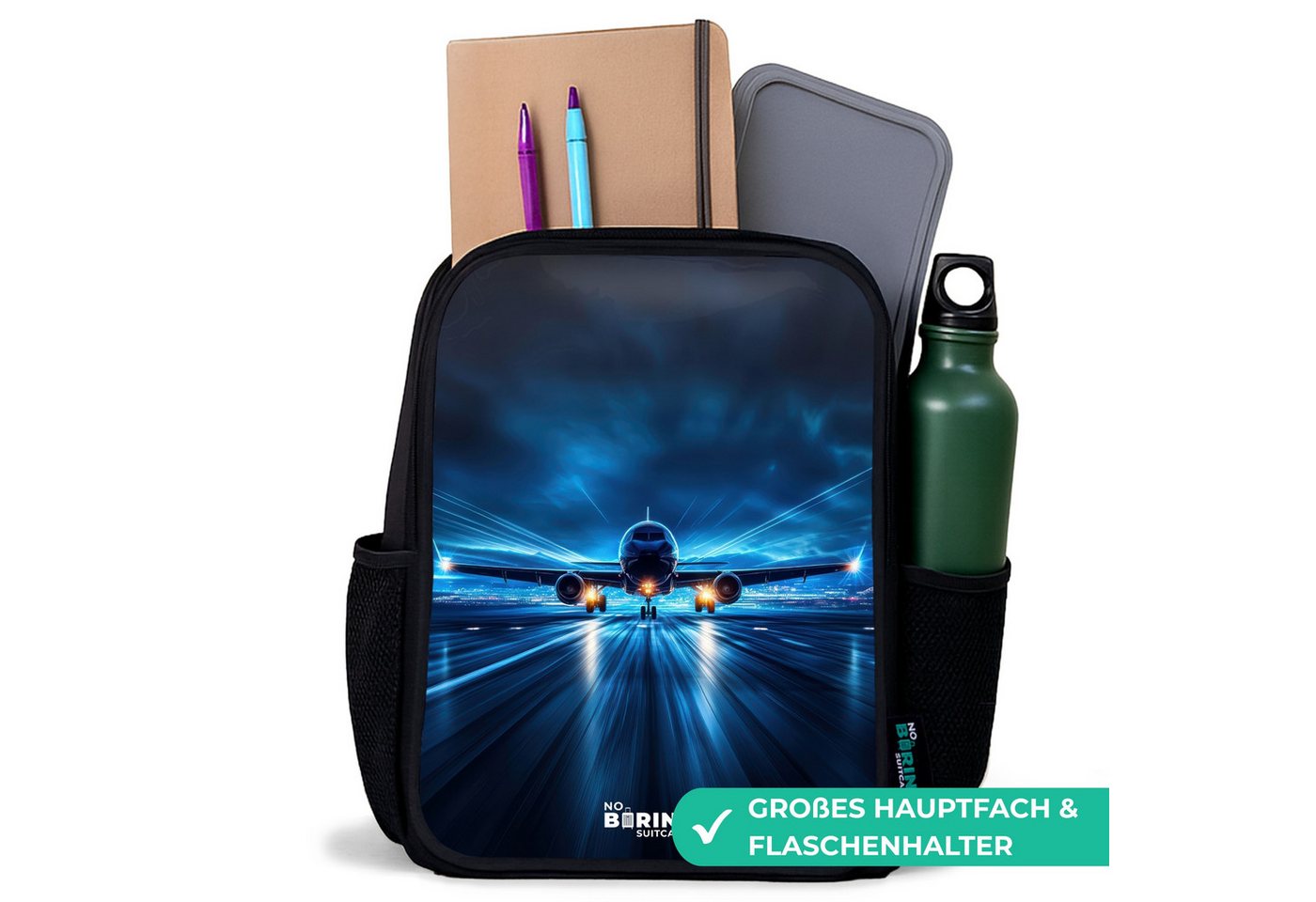 NoBoringSuitcases.com© Rucksack Schwarz - Ein Flugzeug hebt in einer futuristischen Nachtlandschaft ab, Kinderrucksack Schwarz, Schulrucksack, Freizeitrucksack Jungen Mädchen Bild 2