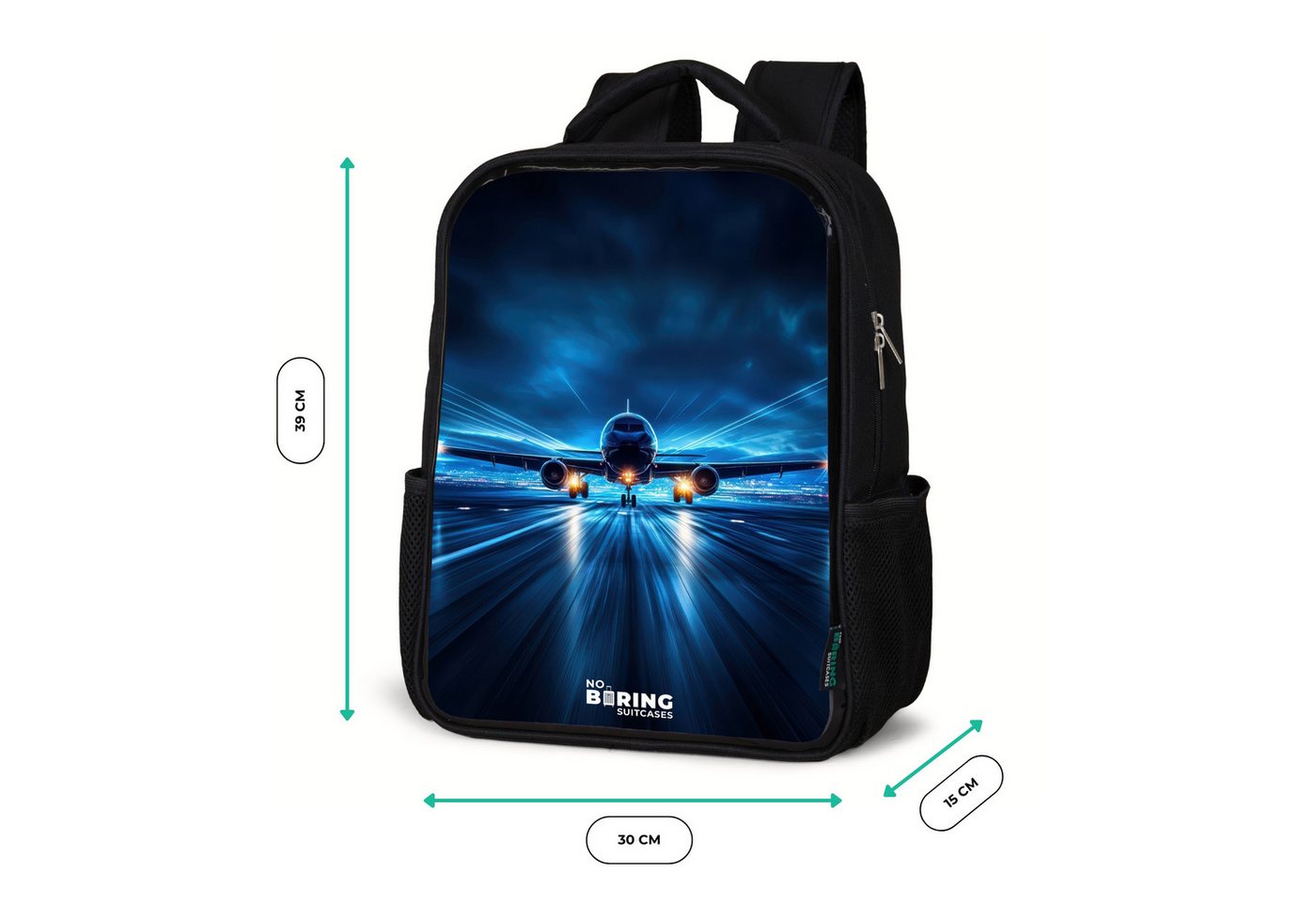 NoBoringSuitcases.com© Rucksack Schwarz - Ein Flugzeug hebt in einer futuristischen Nachtlandschaft ab, Kinderrucksack Schwarz, Schulrucksack, Freizeitrucksack Jungen Mädchen Bild 5