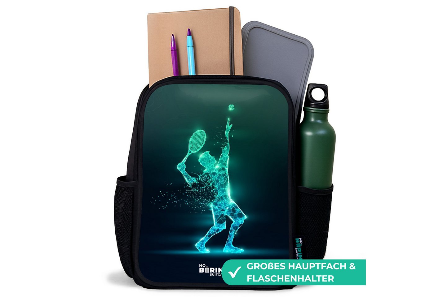NoBoringSuitcases.com© Rucksack Schwarz - Digitaler Tennisspieler im futuristischen Stil, Kinderrucksack Schwarz, Schulrucksack, Freizeitrucksack Jungen Mädchen