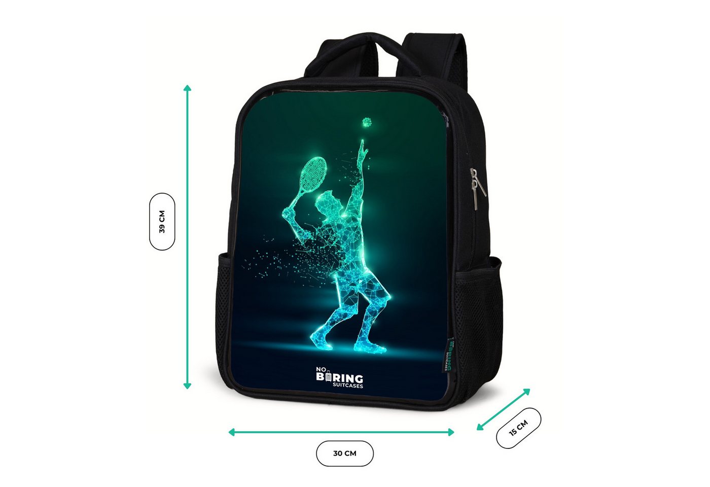 NoBoringSuitcases.com© Rucksack Schwarz - Digitaler Tennisspieler im futuristischen Stil, Kinderrucksack Schwarz, Schulrucksack, Freizeitrucksack Jungen Mädchen Bild 3