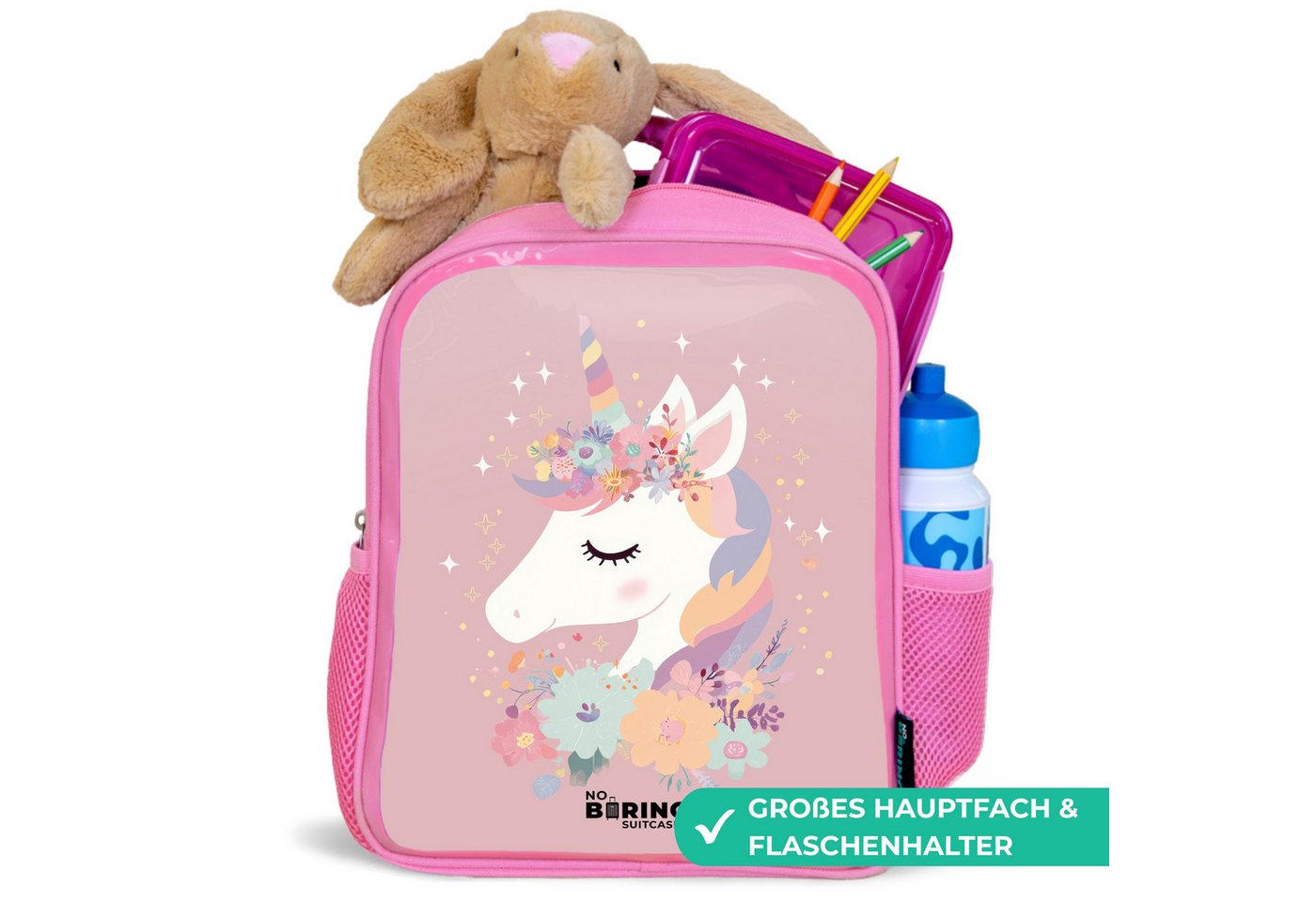 NoBoringSuitcases.com© Rucksack Rosa - Einhorn - Rosa - Blumen, Kinderrucksack, Schulrucksack, Freizeitrucksack, Mädchen, Kindergarten Bild 3