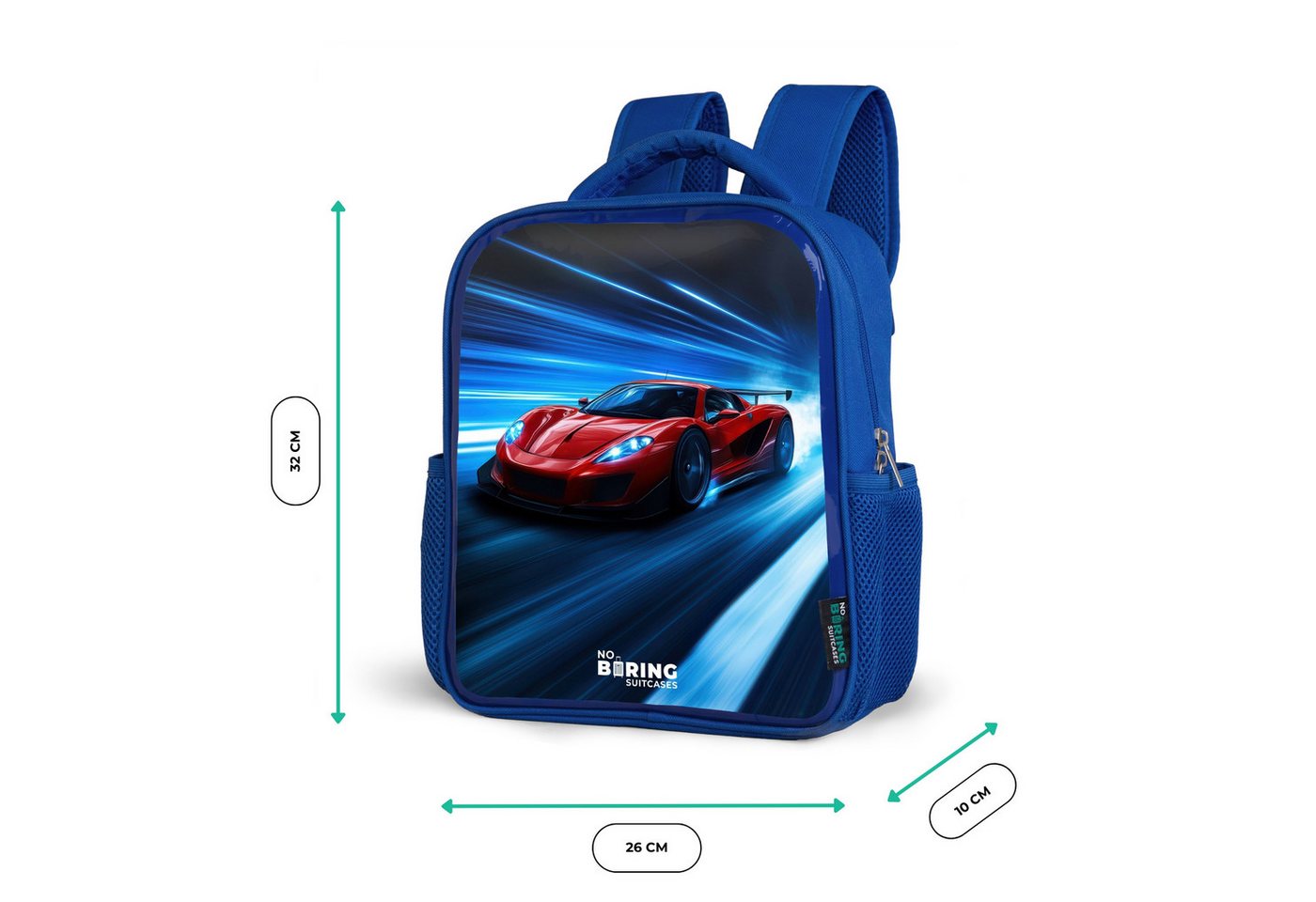 NoBoringSuitcases.com© Rucksack Blau - Roter Rennwagen in der digitalen Geschwindigkeitswelt, Kinderrucksack, Schulrucksack, Freizeitrucksack, Jungen, Kindergarten
