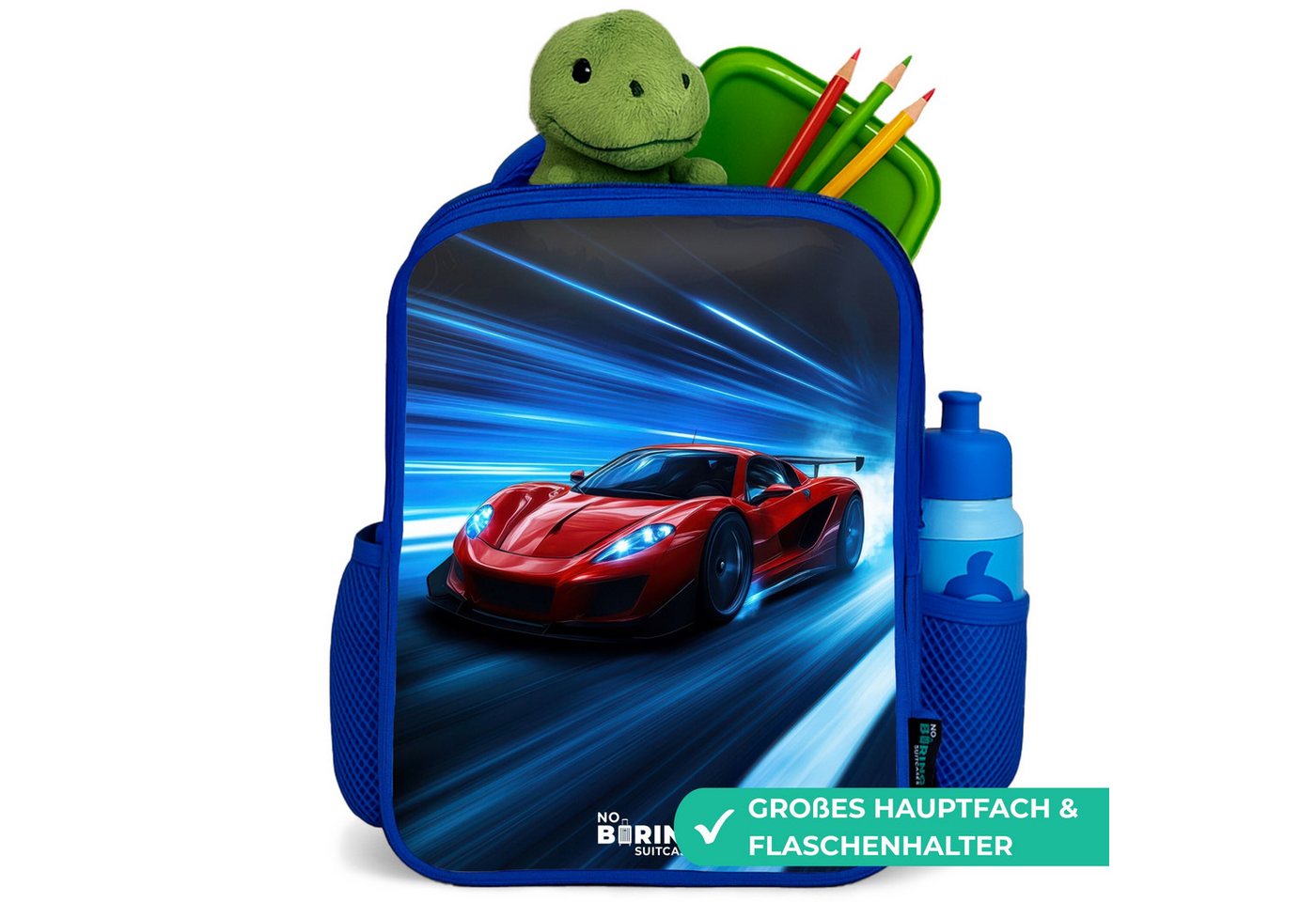 NoBoringSuitcases.com© Rucksack Blau - Roter Rennwagen in der digitalen Geschwindigkeitswelt, Kinderrucksack, Schulrucksack, Freizeitrucksack, Jungen, Kindergarten Bild 3