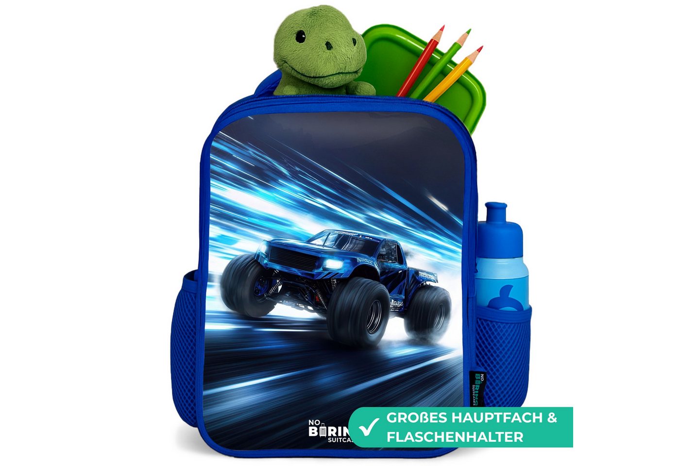 NoBoringSuitcases.com© Rucksack Blau - Monstertruck rast durch die Lichtgeschwindigkeit, Kinderrucksack, Schulrucksack, Freizeitrucksack, Jungen, Kindergarten