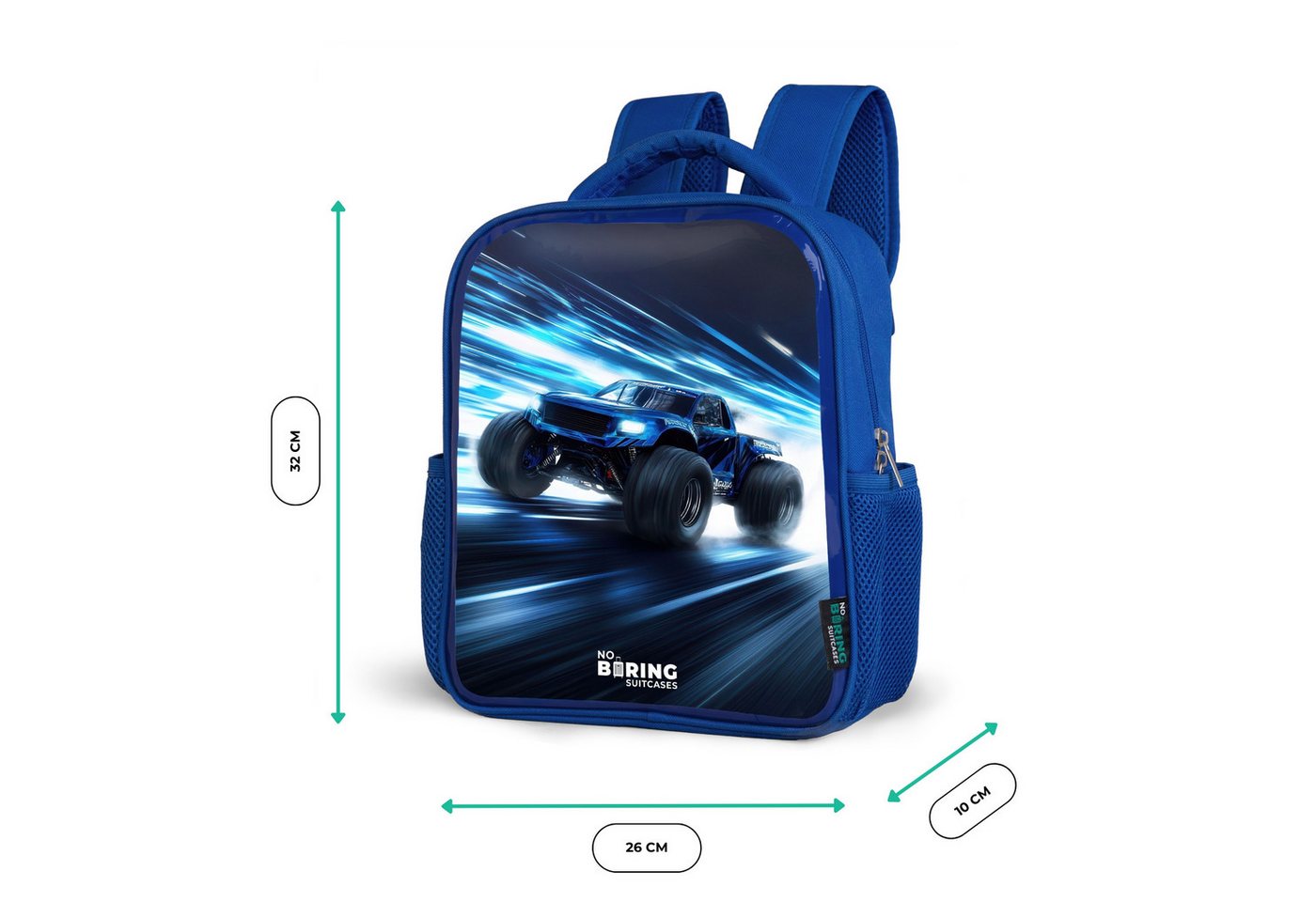 NoBoringSuitcases.com© Rucksack Blau - Monstertruck rast durch die Lichtgeschwindigkeit, Kinderrucksack, Schulrucksack, Freizeitrucksack, Jungen, Kindergarten Bild 2