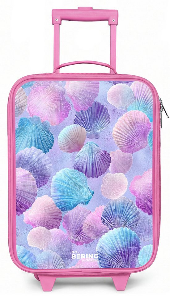 NoBoringSuitcases.com© Kinderkoffer Rosa - mit leuchtende Räder - Bunte Muscheln auf lila Hintergrund, 2 Rollen, Handgepäck-Koffer, Kinderkoffer, Reisekoffer Mädchen
