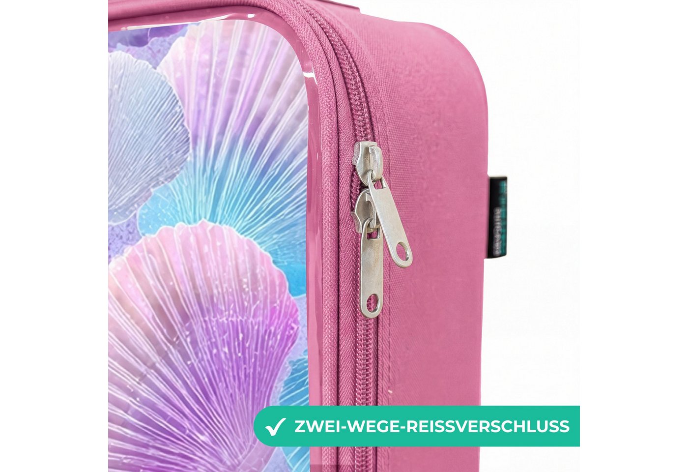 NoBoringSuitcases.com© Kinderkoffer Rosa - mit leuchtende Räder - Bunte Muscheln auf lila Hintergrund, 2 Rollen, Handgepäck-Koffer, Kinderkoffer, Reisekoffer Mädchen Bild 4