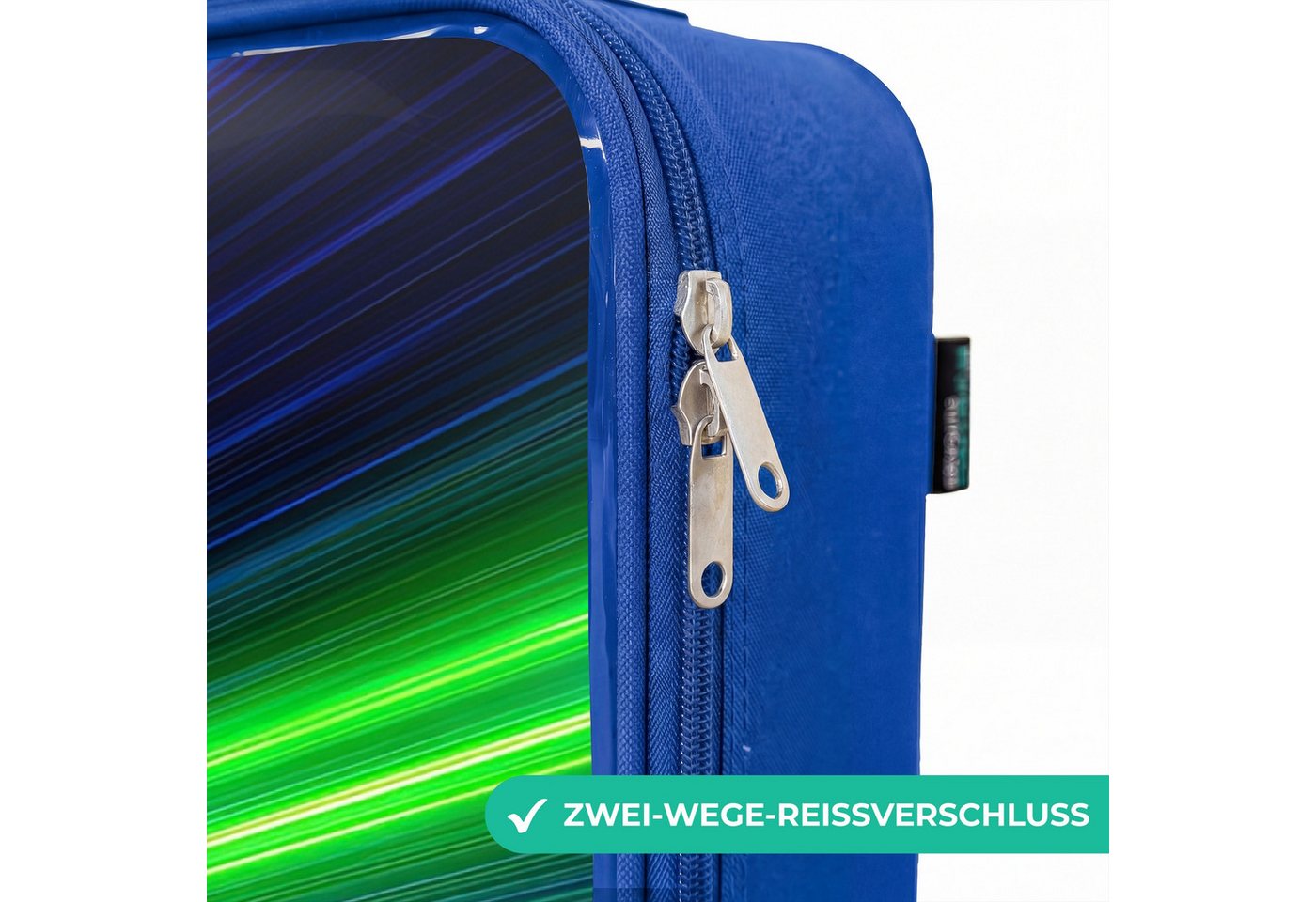 NoBoringSuitcases.com© Kinderkoffer Blau - mit leuchtende Räder - Rennwagen - Hellgrün - Lichtstrahlen - G, 2 Rollen, Handgepäck Koffer, Trolley Kinder, Reisekoffer Jungen Bild 2