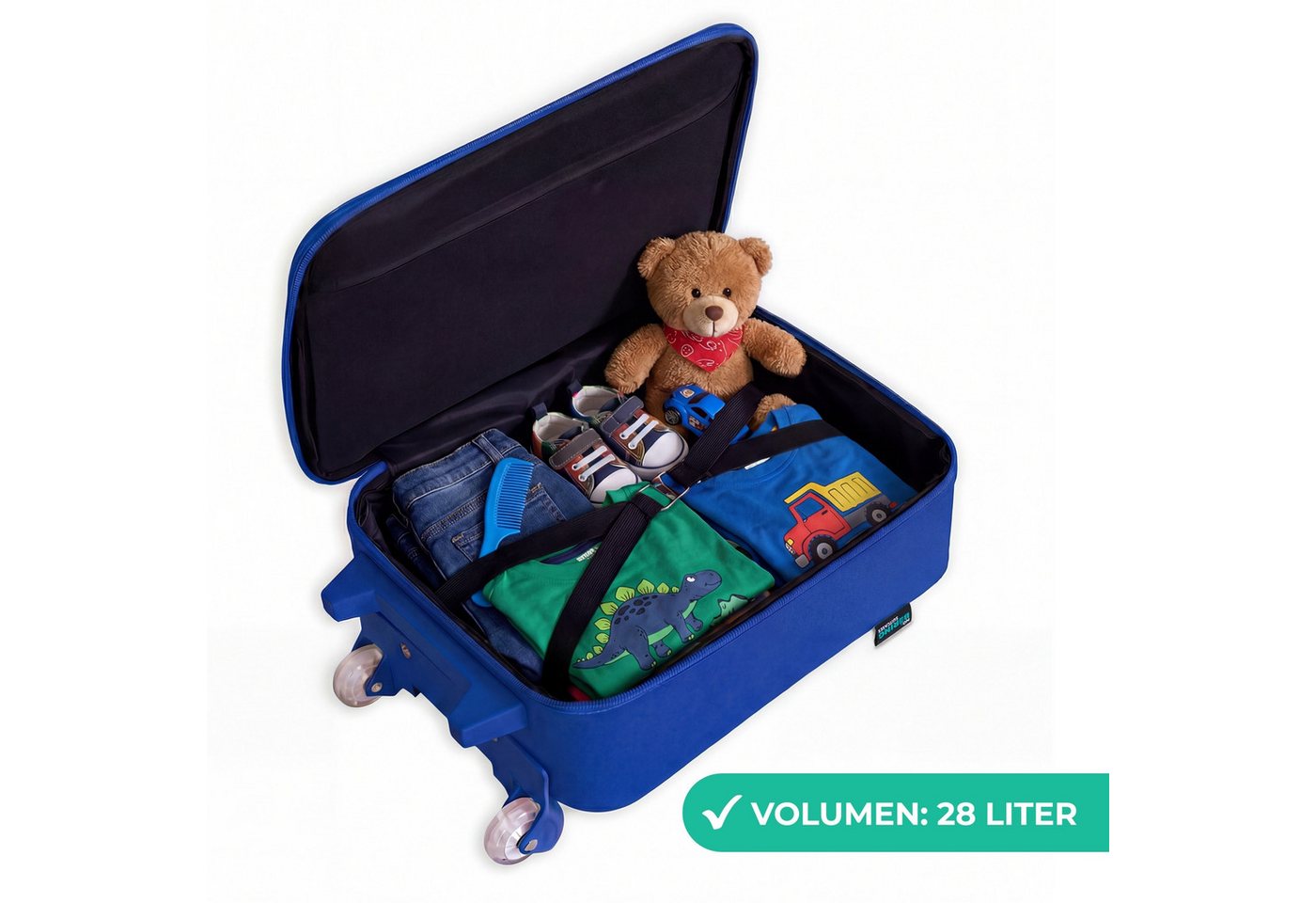 NoBoringSuitcases.com© Kinderkoffer Blau - mit leuchtende Räder - Rennwagen - Hellgrün - Lichtstrahlen - G, 2 Rollen, Handgepäck Koffer, Trolley Kinder, Reisekoffer Jungen Bild 3
