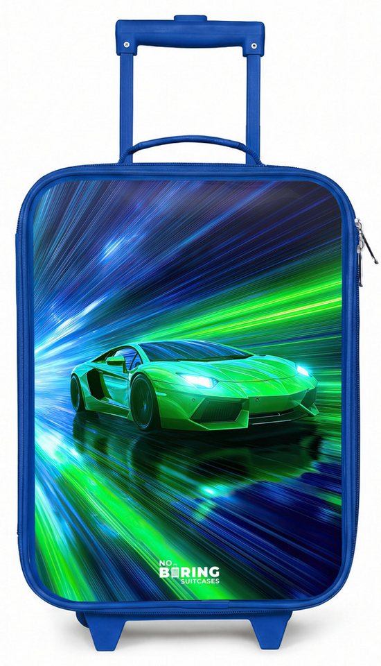 NoBoringSuitcases.com© Kinderkoffer Blau - mit leuchtende Räder - Rennwagen - Hellgrün - Lichtstrahlen - G, 2 Rollen, Handgepäck Koffer, Trolley Kinder, Reisekoffer Jungen Bild 5