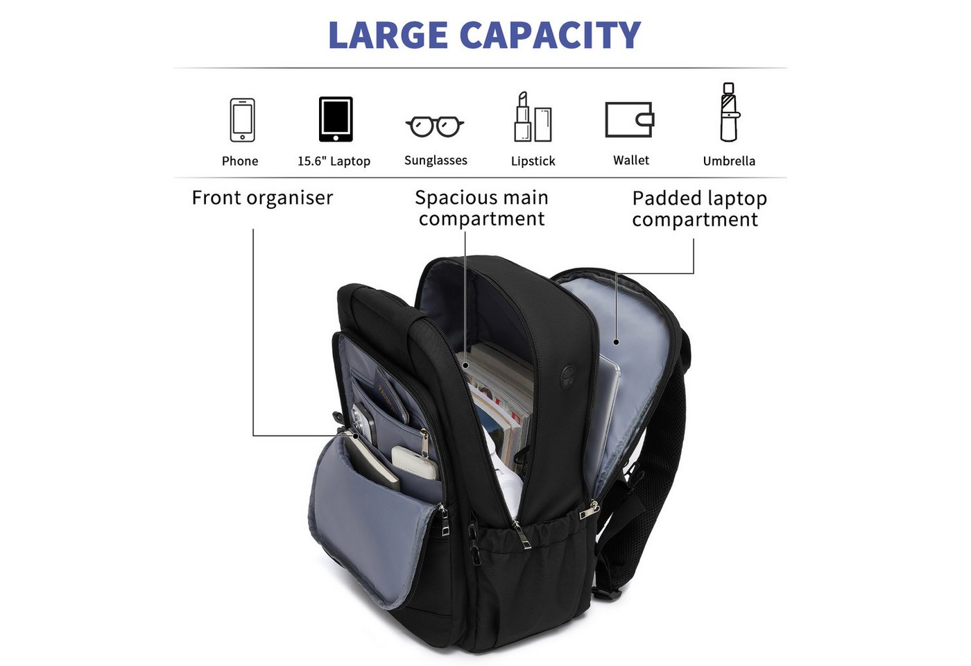 KONO Rucksack für Damen – Wasserdichter 2-in-1-Laptoprucksack, 15,6 Zoll Bild 2