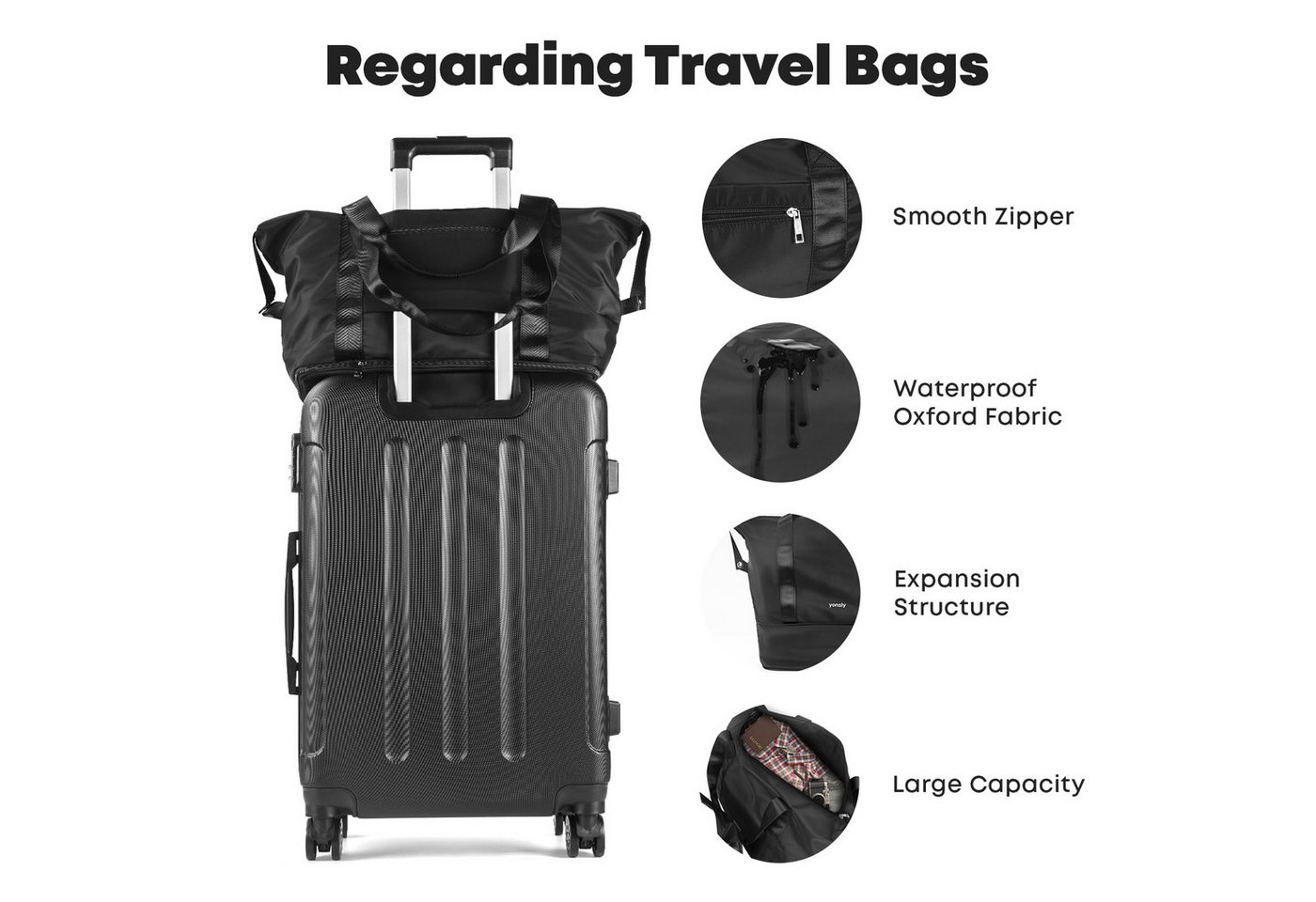 YONSLY Reisetasche Leichte Weekender-Reisetasche mit Kulturbeutel für (Spar-Set, Reisetasche + Kulturbeutel), Erweiterbar, mit Trolleygurt, Nylon-Gewebe, waschbar und leicht