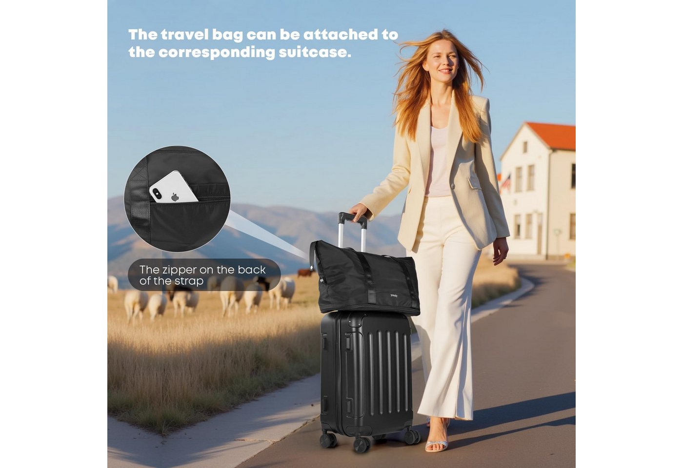 YONSLY Reisetasche Leichte Weekender-Reisetasche mit Kulturbeutel für (Spar-Set, Reisetasche + Kulturbeutel), Erweiterbar, mit Trolleygurt, Nylon-Gewebe, waschbar und leicht Bild 5