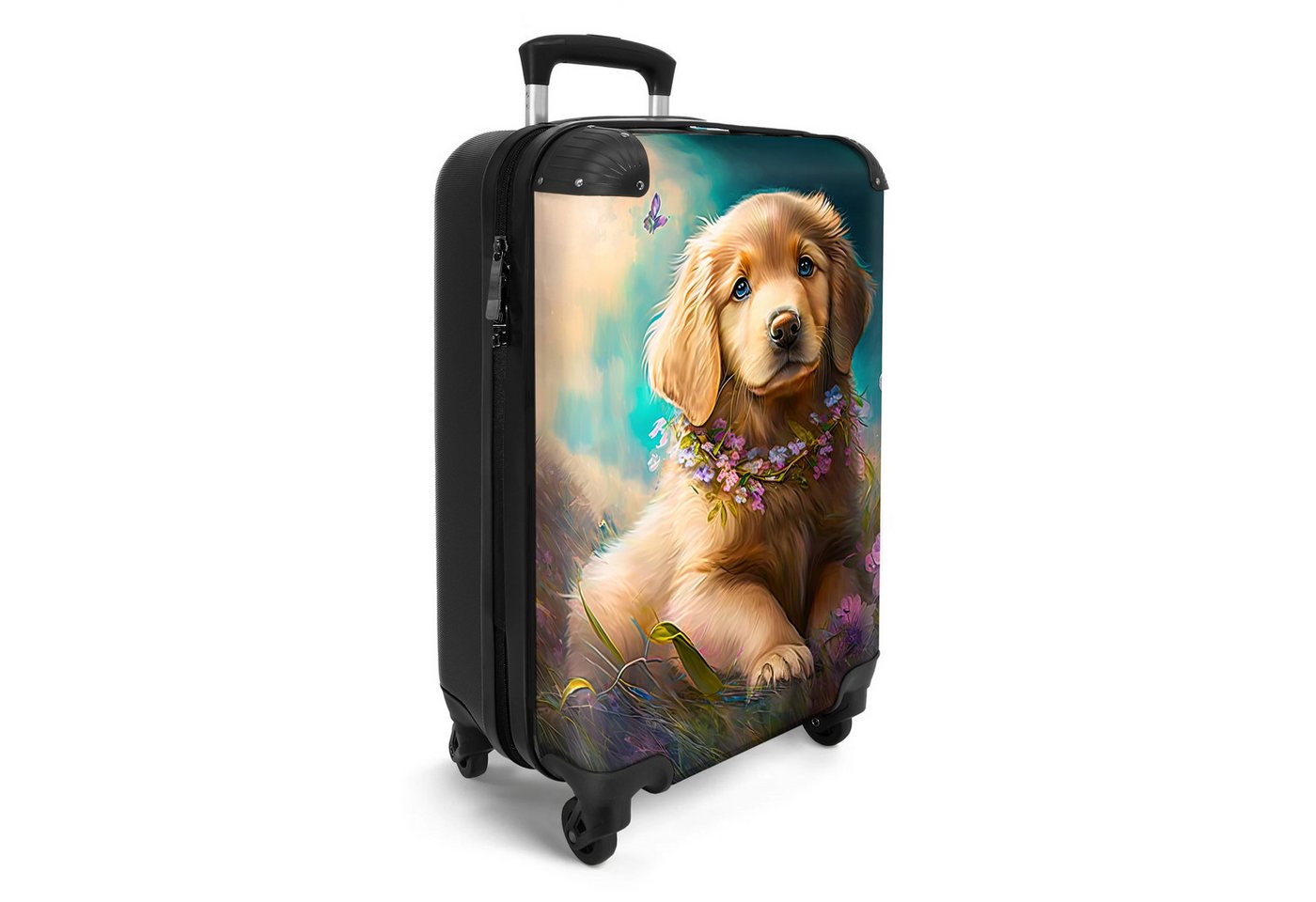 NoBoringSuitcases.com© Kinderkoffer Welpe - Blumenkranz - Schmetterling - Hund - Golden Retriever 55x35x20, 4 Rollen, Reisetasche mit Rollen, Koffer Handgepäck Flugzeug Bild 2