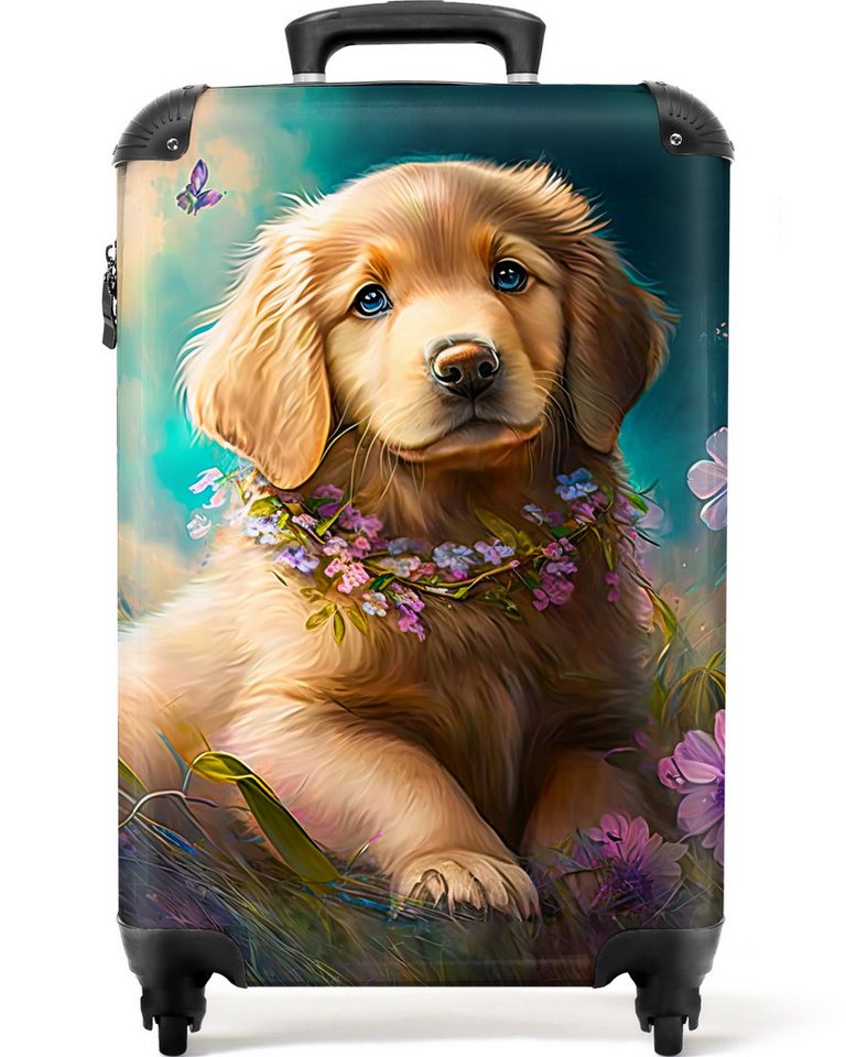 NoBoringSuitcases.com© Kinderkoffer Welpe - Blumenkranz - Schmetterling - Hund - Golden Retriever 55x35x20, 4 Rollen, Reisetasche mit Rollen, Koffer Handgepäck Flugzeug Bild 3
