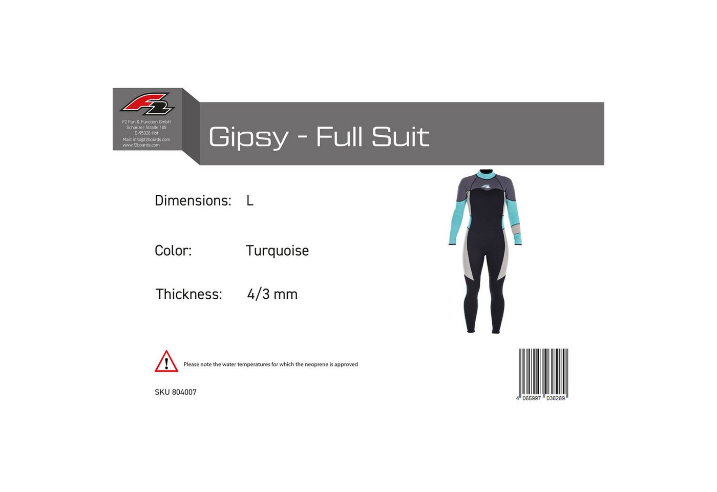 F2 Neoprenanzug F2 Damen Neopren Anzug Gipsy - Full Suit 4/3 mm L Türkis