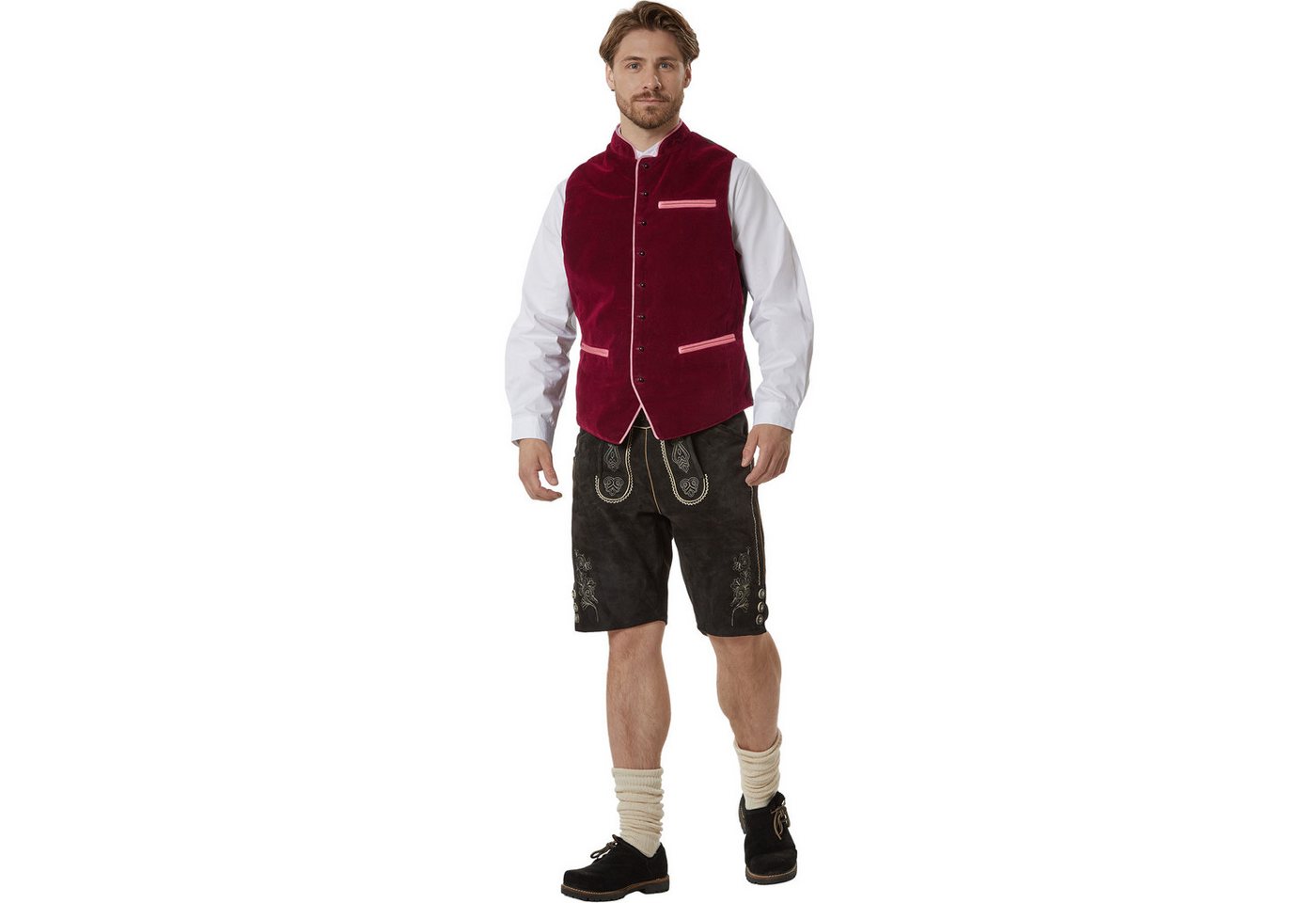 dressforfun Anzugweste Trachtenweste, vielseitig mit Lederhose, Hemd oder Jeans (Alpenweste Noah, Konfektionsgröße 58 in rot) Pflegeleichter Samtstoff, Stehkragen mit Karomuster, Kunststoffknöpfe