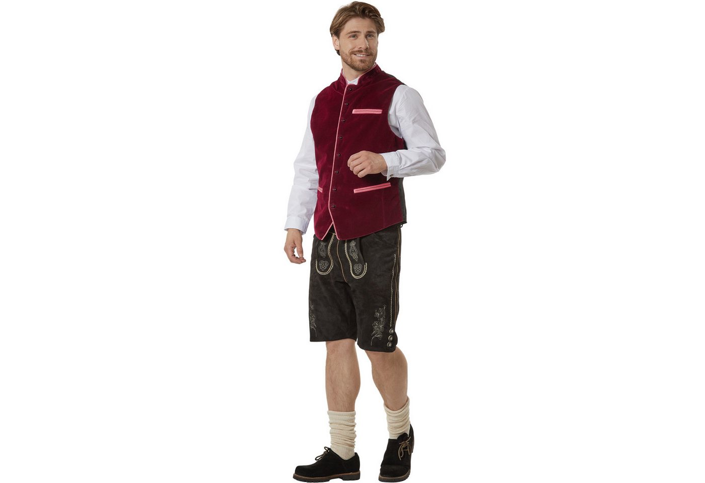 dressforfun Anzugweste Trachtenweste, vielseitig mit Lederhose, Hemd oder Jeans (Alpenweste Noah, Konfektionsgröße 58 in rot) Pflegeleichter Samtstoff, Stehkragen mit Karomuster, Kunststoffknöpfe Bild 3