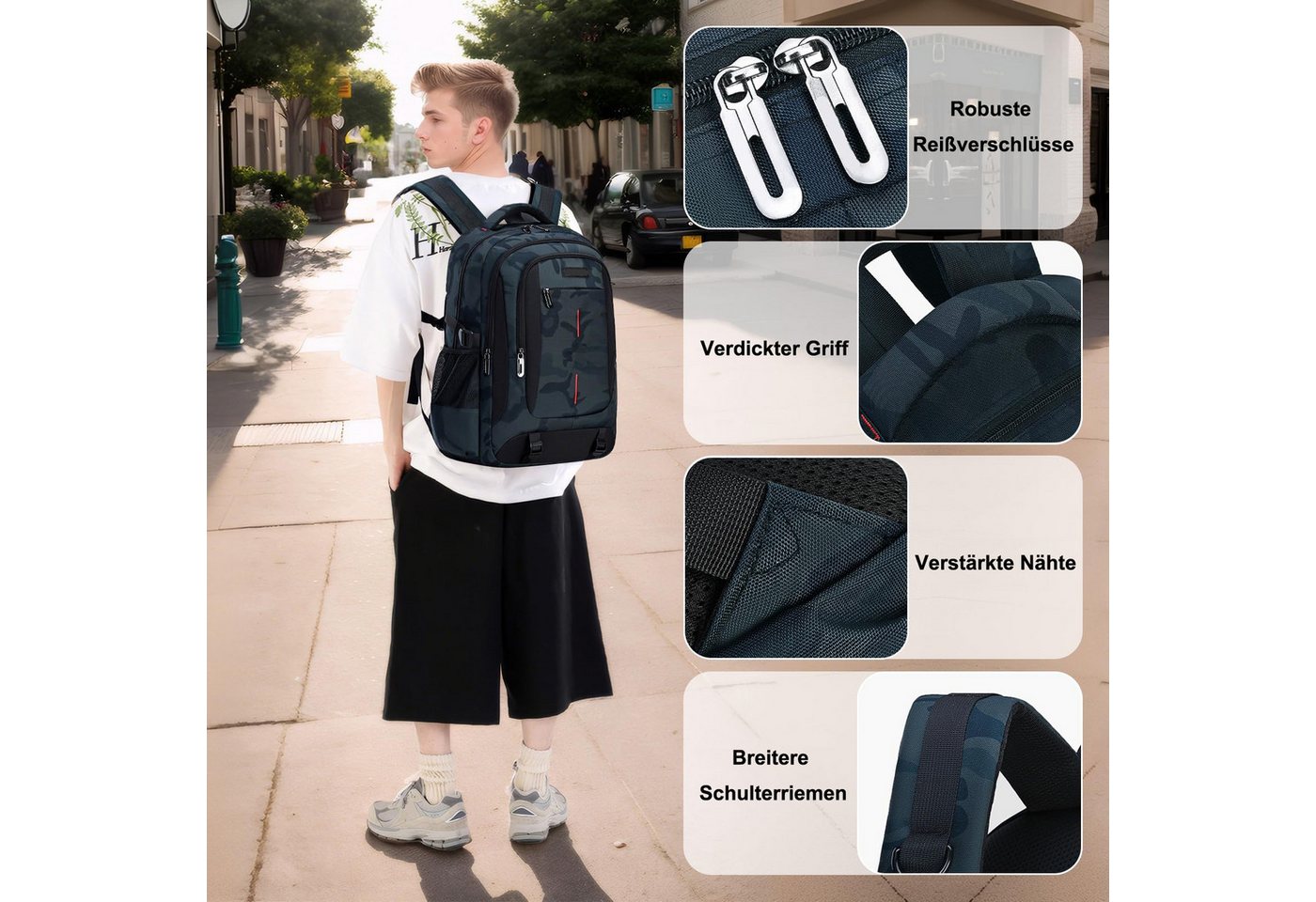 Cachito Rucksack Großer Camouflage Schulrucksack für Jungen & Mädchen (1-tlg), Teenager Rucksack mit Viel Stauraum – Daypack für Schule & Freizeit