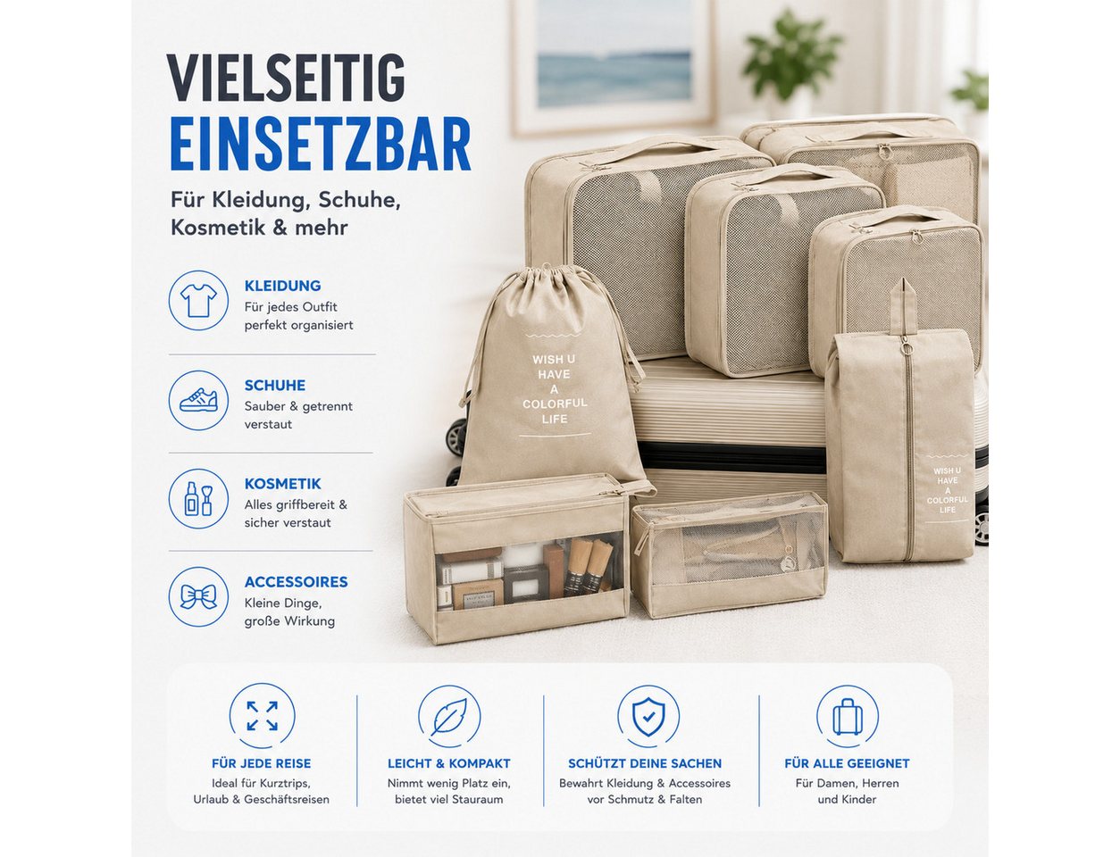 TK Gruppe Kofferorganizer Koffer Organizer 8er – Kofferorganizer Packtaschen Packwürfel Reisen (Set, 8er Set)