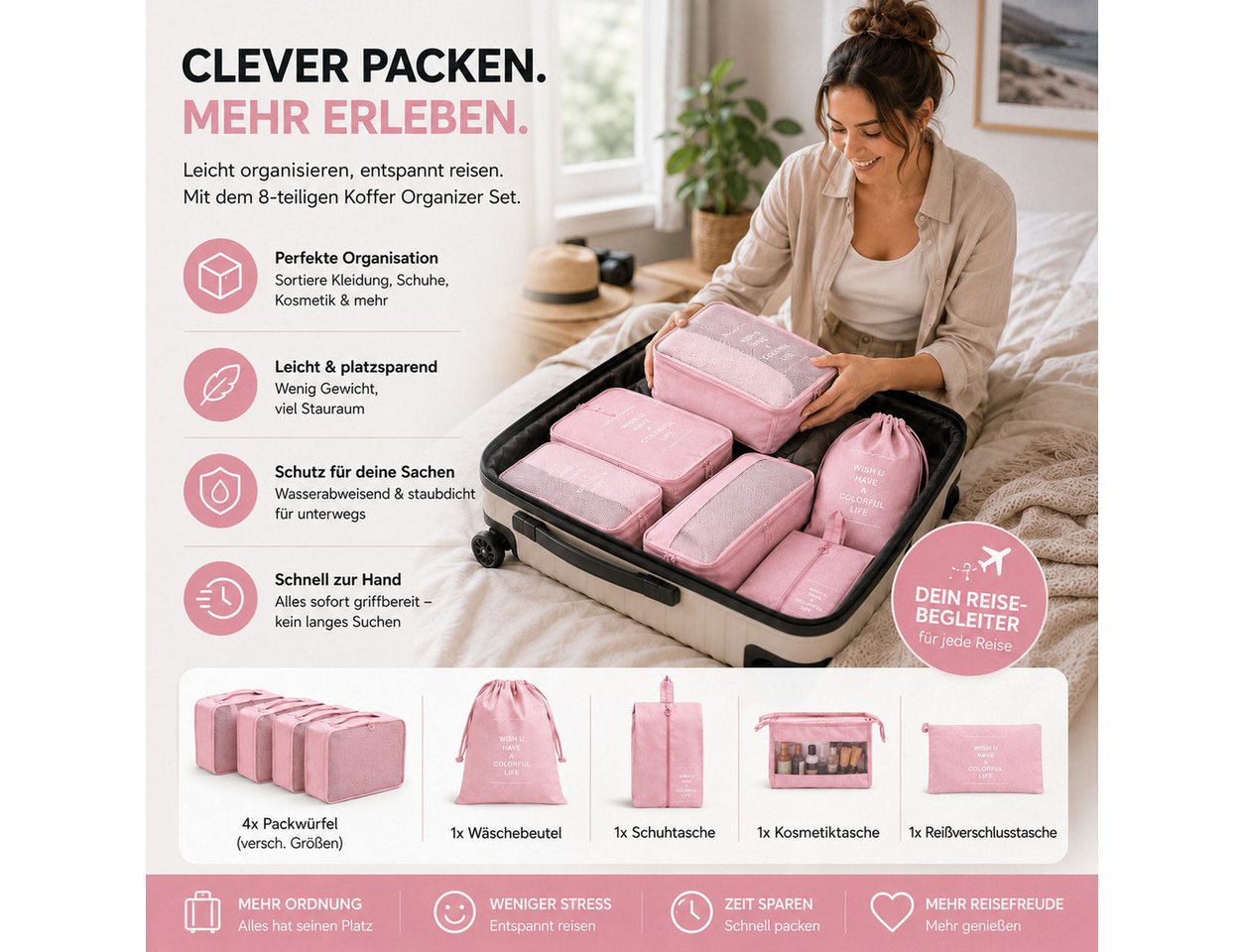 Everhomely® Kofferorganizer Kofferorganizer 8er mit Kosmetiktasche – Packtaschen Packwürfel Reisen (Set, 8er Set)