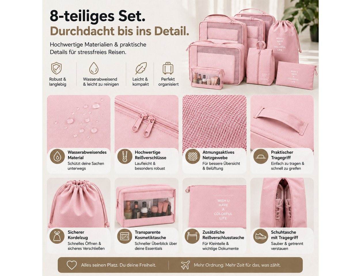 Everhomely® Kofferorganizer Kofferorganizer 8er mit Kosmetiktasche – Packtaschen Packwürfel Reisen (Set, 8er Set) Bild 2