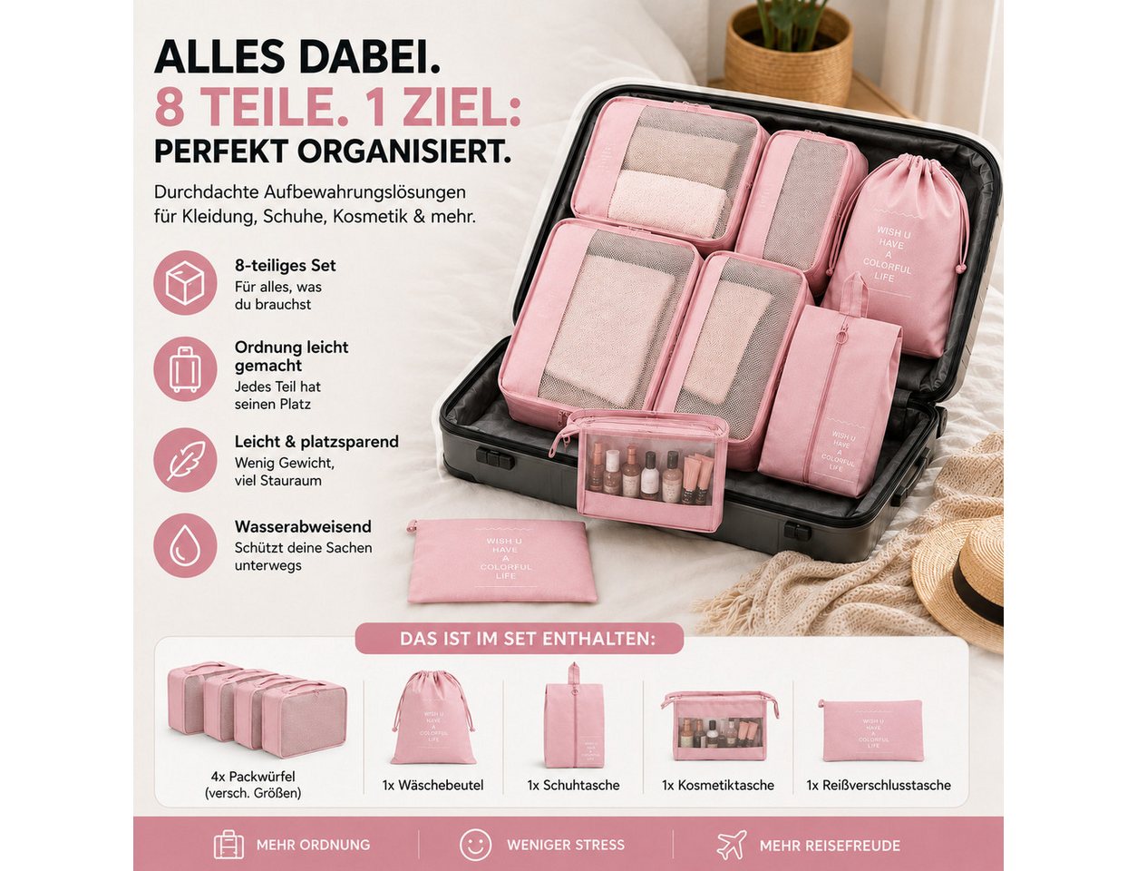 Everhomely® Kofferorganizer Kofferorganizer 8er mit Kosmetiktasche – Packtaschen Packwürfel Reisen (Set, 8er Set) Bild 5