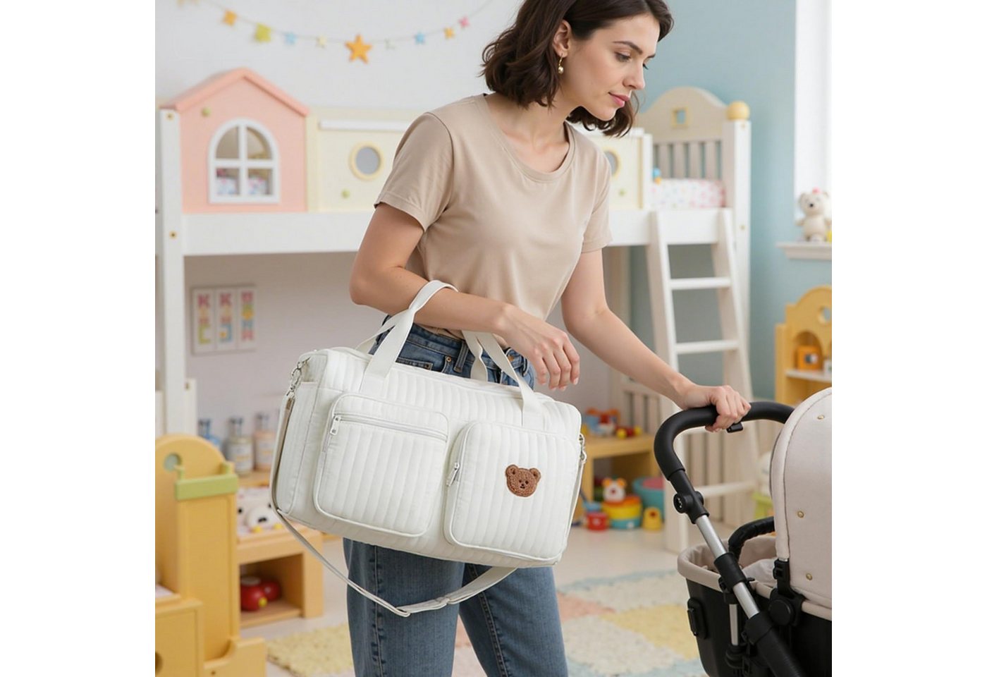 FOUORTUNATE-BEE Wickeltasche Große Wickeltasche Mama Tasche Reisetasche Schultertasche 45×22×26 cm, Für Krankenhaus Kinderwagen Reise Alltag Baby Wickeltasche Organizer Bild 3