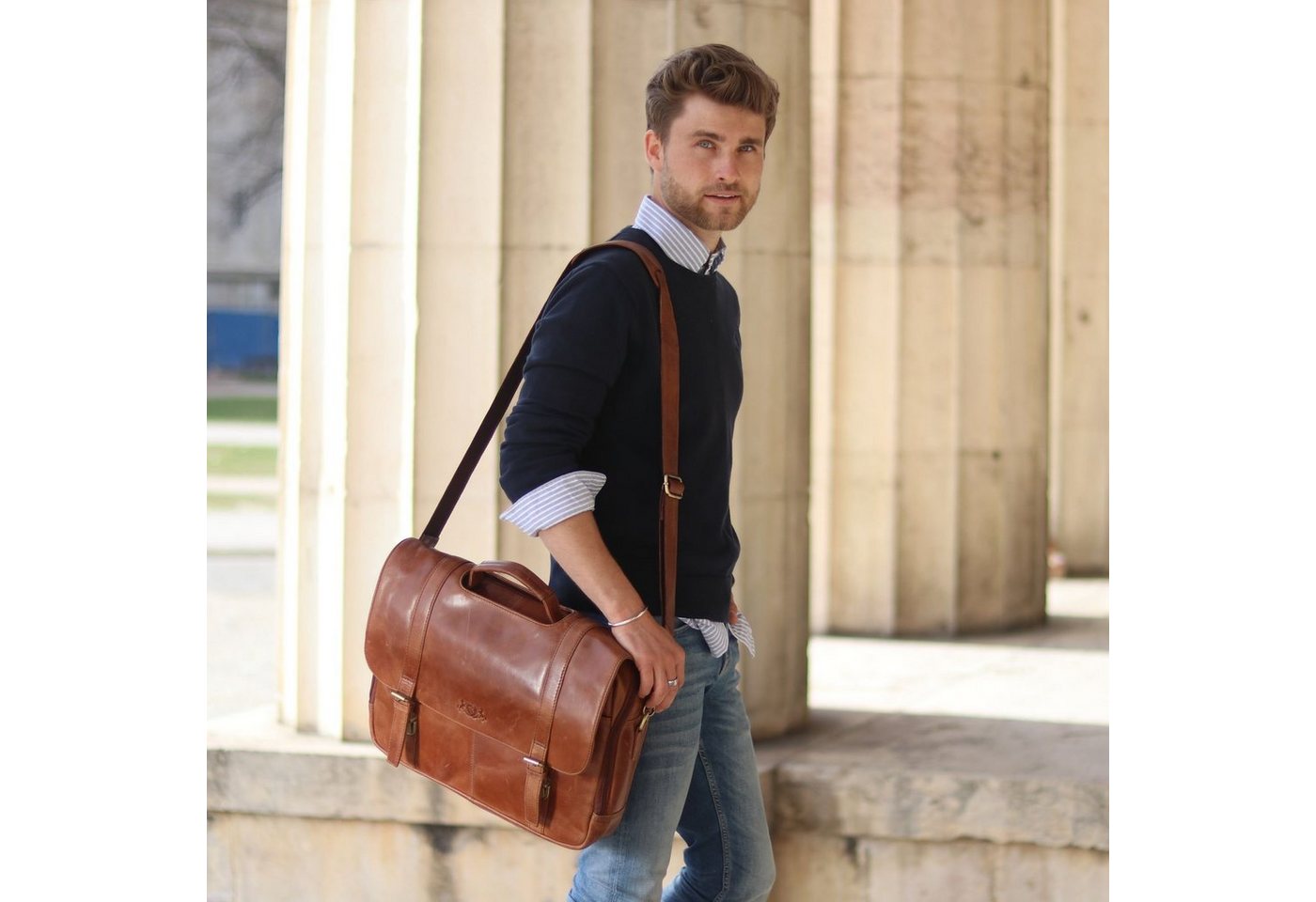 SID & VAIN Messenger Bag echt Leder Aktentasche 15 Zoll Laptop Fach braun, Laptoptasche 15,4 Zoll Echtleder, Businesstasche Herren braun