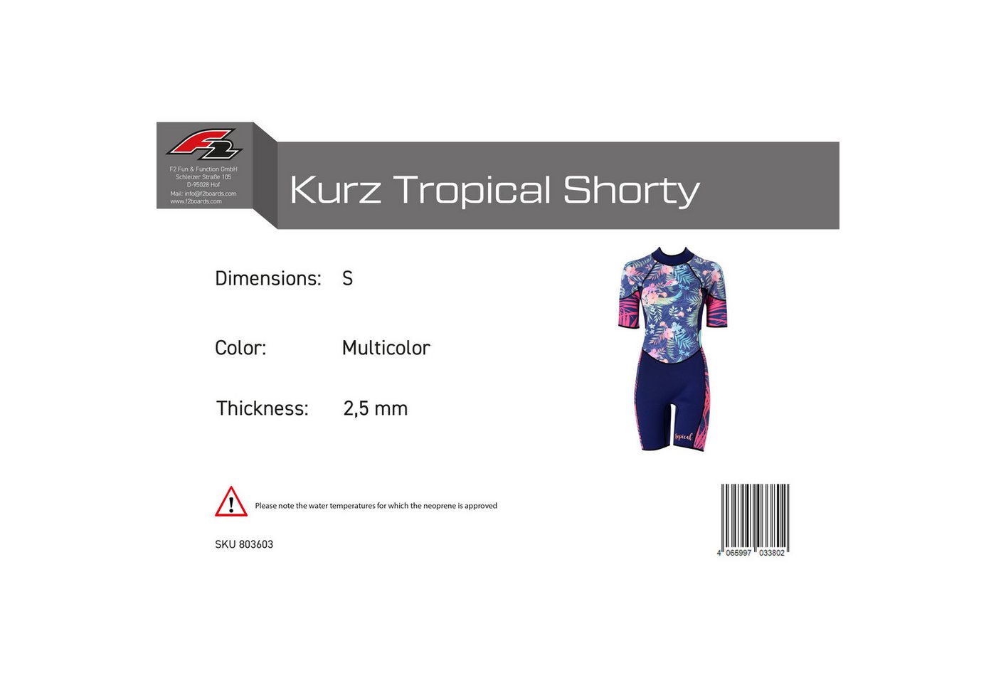 F2 Neoprenanzug F2 Damen Neopren Anzug Kurz Tropical Shorty 2,5 mm S Multicolor