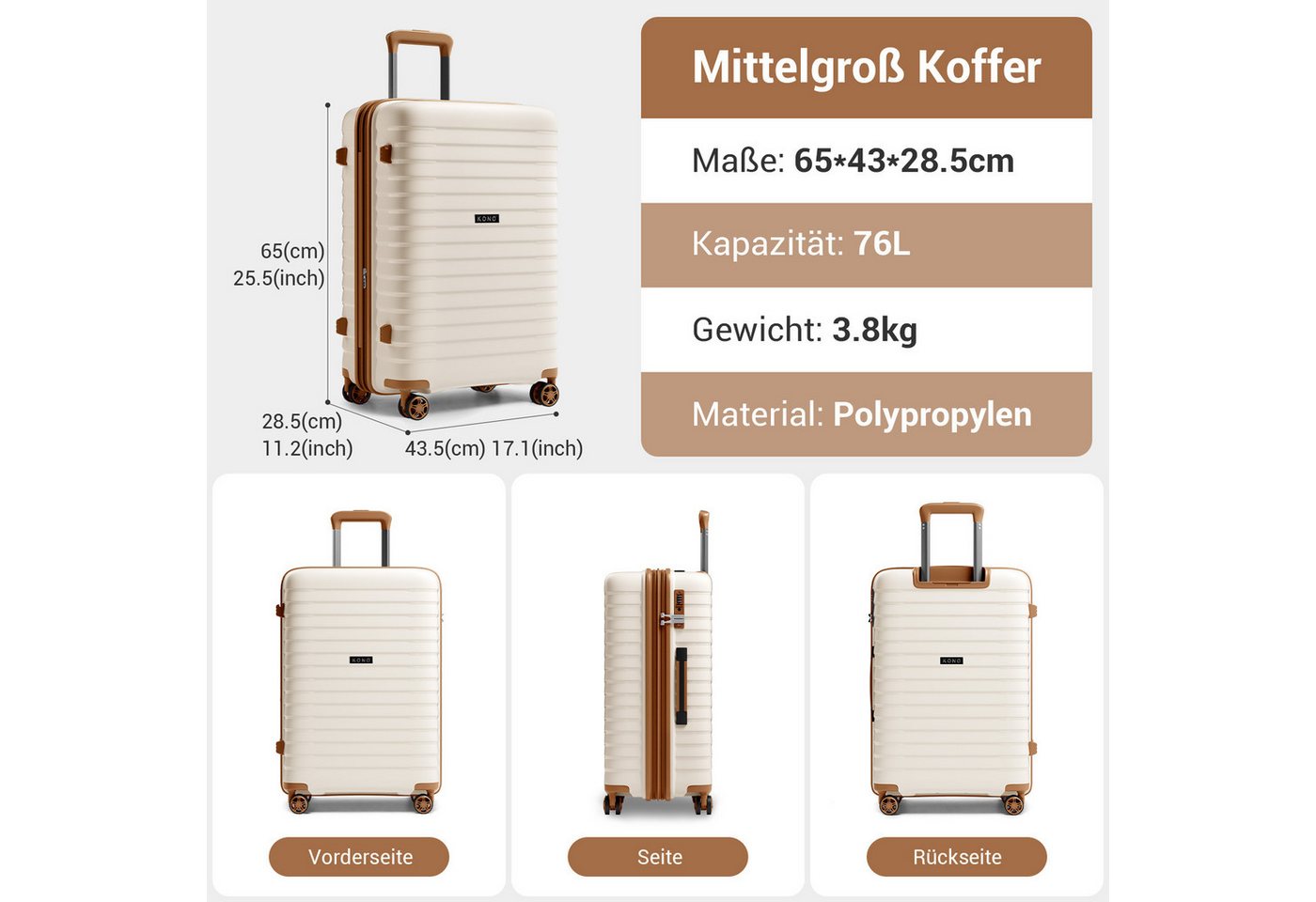 KONO Koffer Hardschale-Kabinentrolley aus Kratzfestem PP mit Becherhalter Bild 2