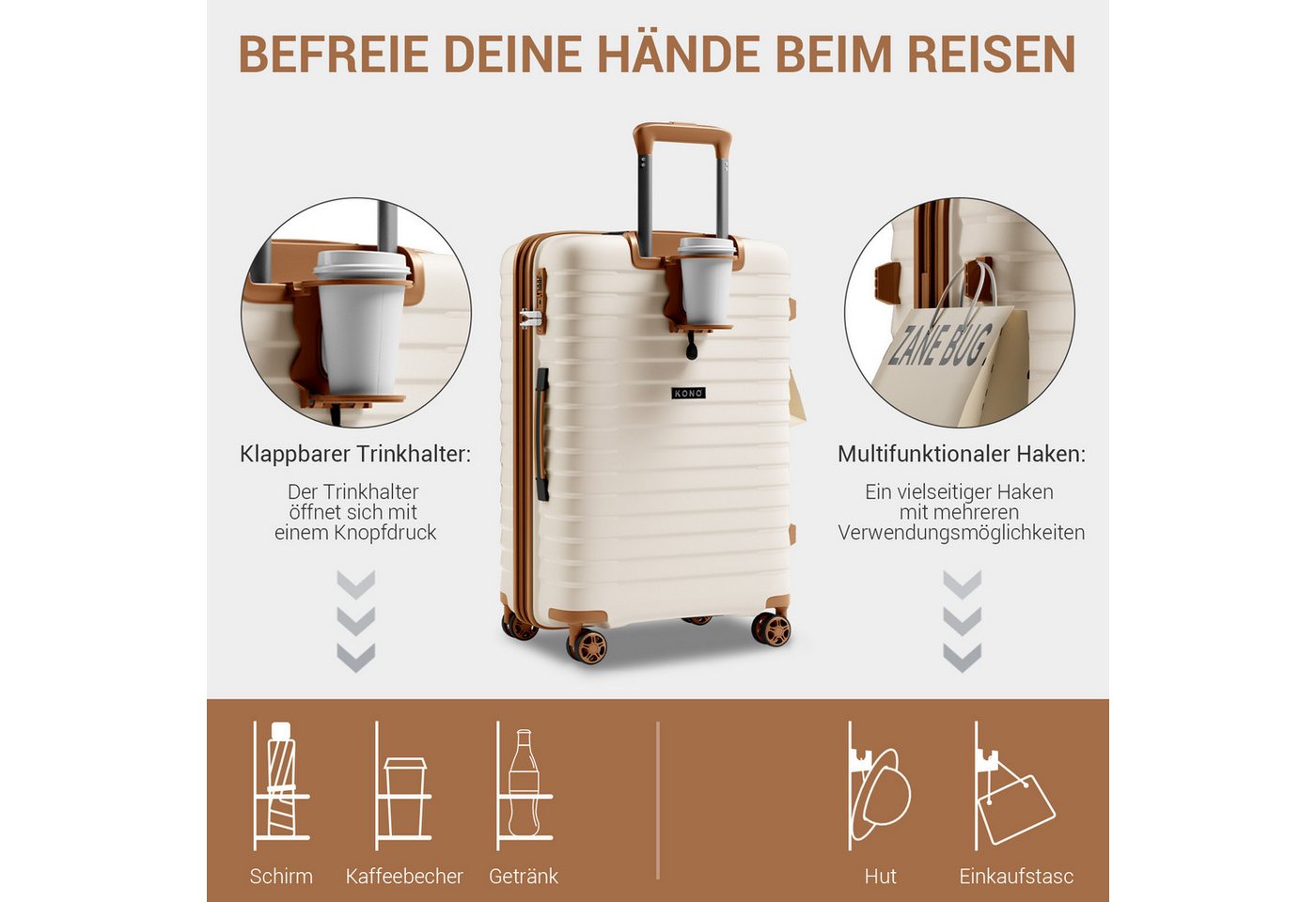 KONO Koffer Hardschale-Kabinentrolley aus Kratzfestem PP mit Becherhalter Bild 3