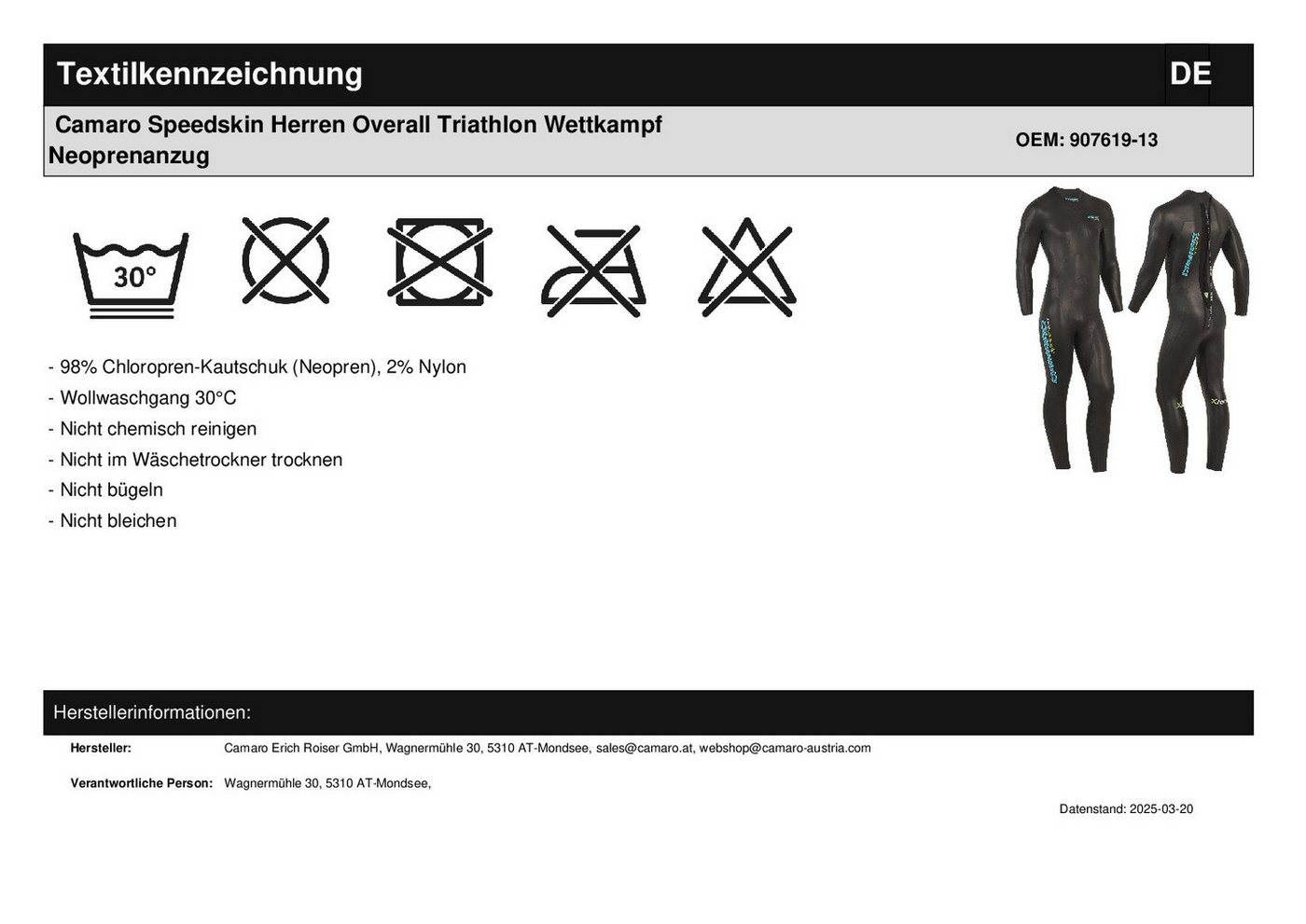 Camaro Neoprenanzug CAMARO Speedskin Herren Overall Triathlon Neoprenanzug Wettkampf Bild 4