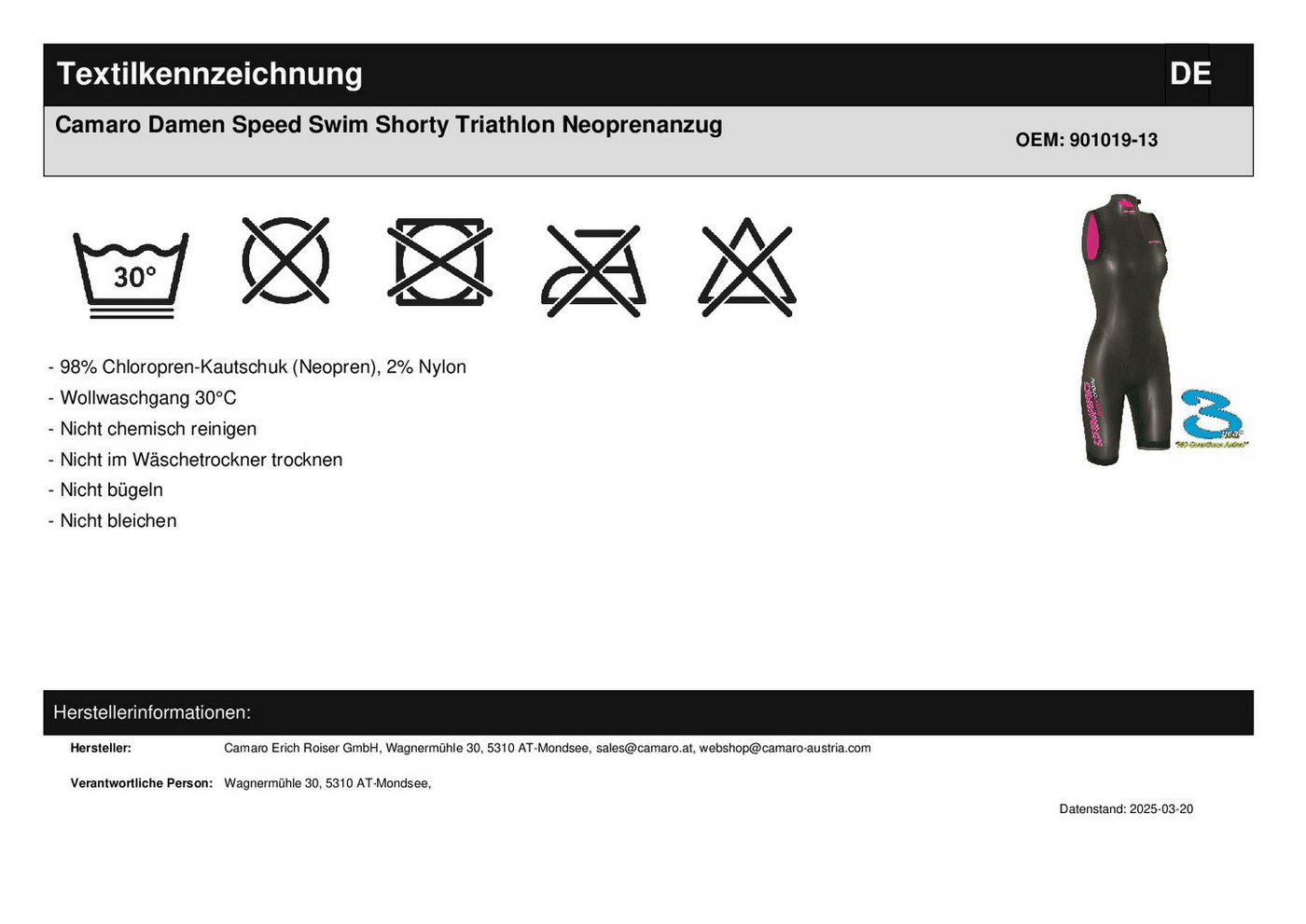 Camaro Neoprenanzug CAMARO Speed Swim Damen Triathlon Shorty Neoprenanzug Schwimmen