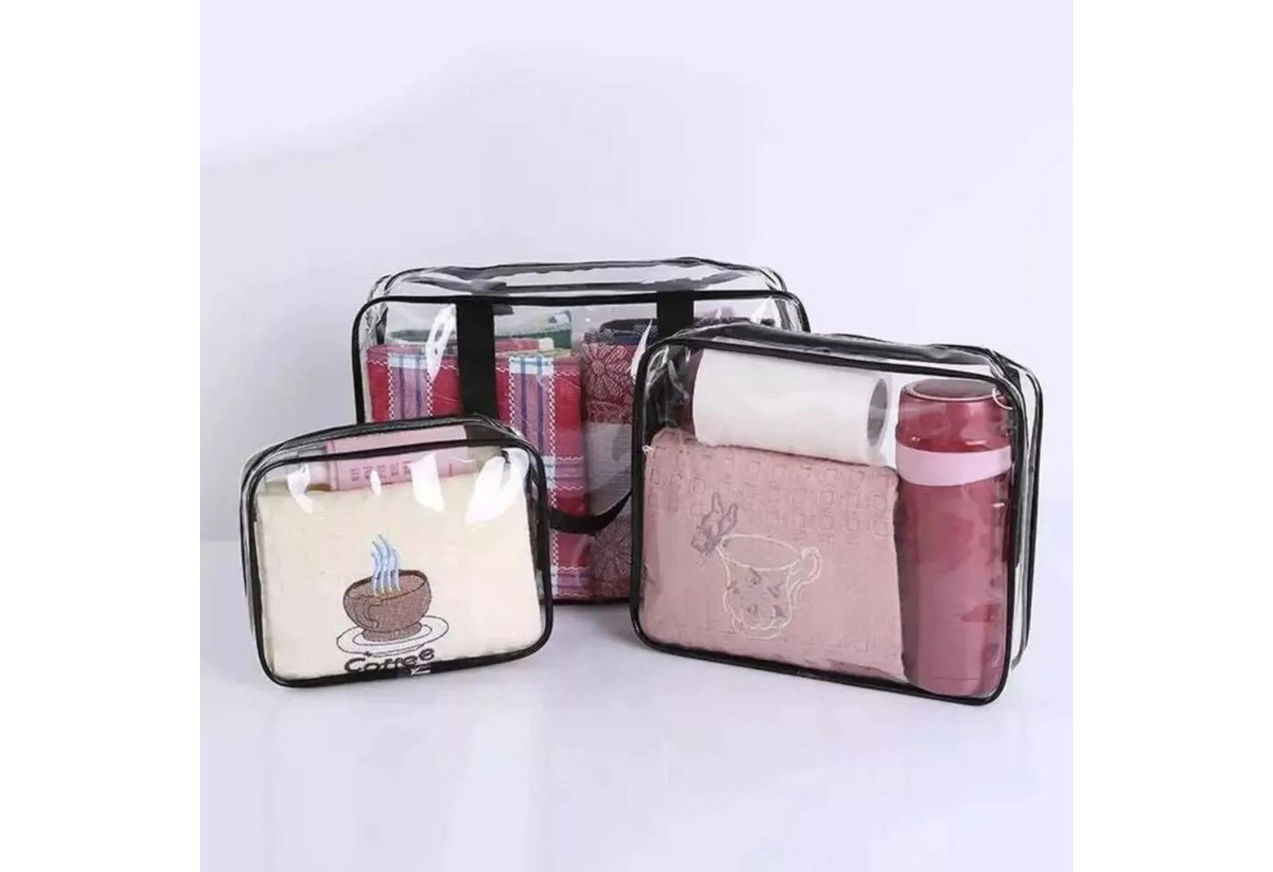 soulima Kosmetiktasche Kosmetiktasche Transparente Kosmetiktaschen 3er Set Reise Organizer (Kulturbeutel Set transparent in verschiedenen Größen mit Griffen, 3-tlg., Kosmetiktaschen Set 3teilig für Reise Badezimmer und Handgepäck), Wasserabweisendes PVC Organizer Set mit Reißverschluss fürs Flugzeug