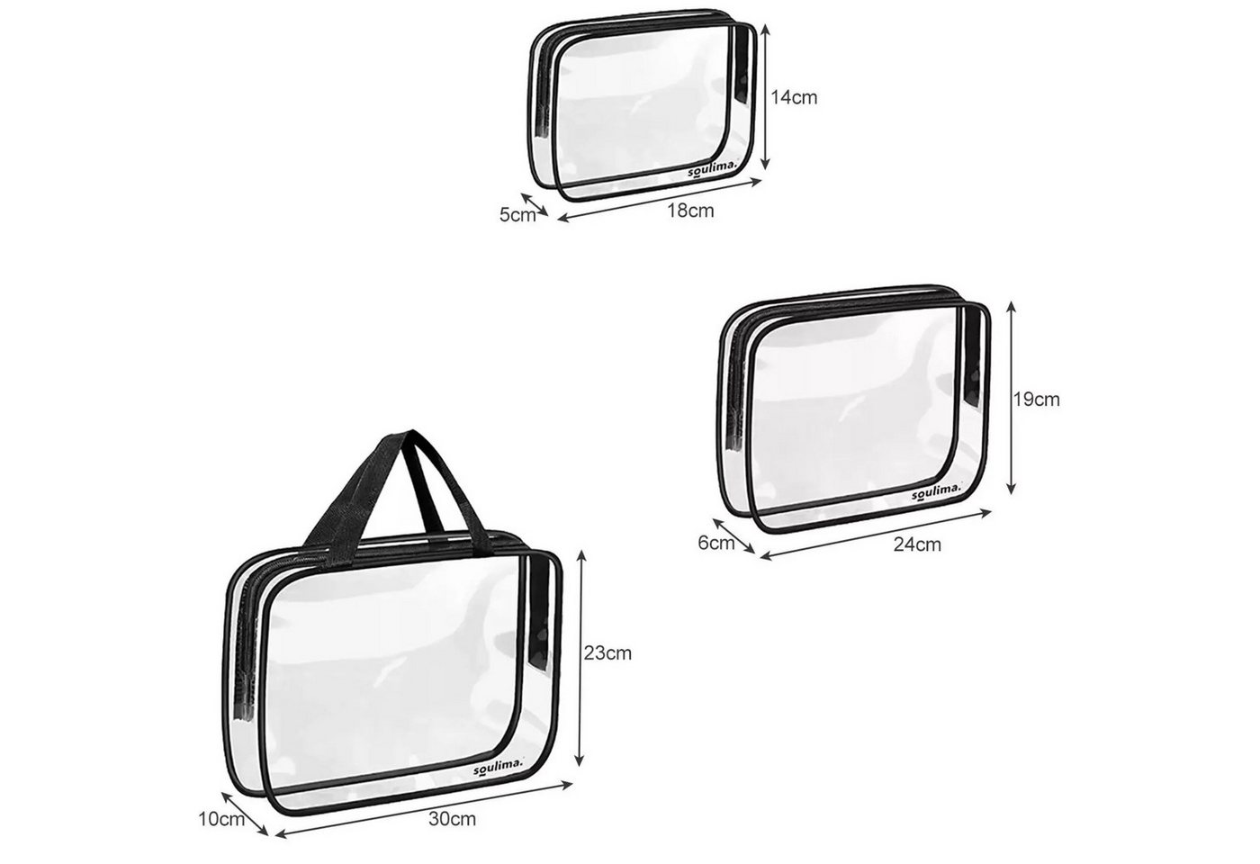 soulima Kosmetiktasche Kosmetiktasche Transparente Kosmetiktaschen 3er Set Reise Organizer (Kulturbeutel Set transparent in verschiedenen Größen mit Griffen, 3-tlg., Kosmetiktaschen Set 3teilig für Reise Badezimmer und Handgepäck), Wasserabweisendes PVC Organizer Set mit Reißverschluss fürs Flugzeug Bild 2