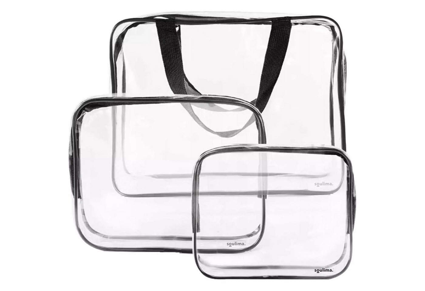 soulima Kosmetiktasche Kosmetiktasche Transparente Kosmetiktaschen 3er Set Reise Organizer (Kulturbeutel Set transparent in verschiedenen Größen mit Griffen, 3-tlg., Kosmetiktaschen Set 3teilig für Reise Badezimmer und Handgepäck), Wasserabweisendes PVC Organizer Set mit Reißverschluss fürs Flugzeug Bild 4