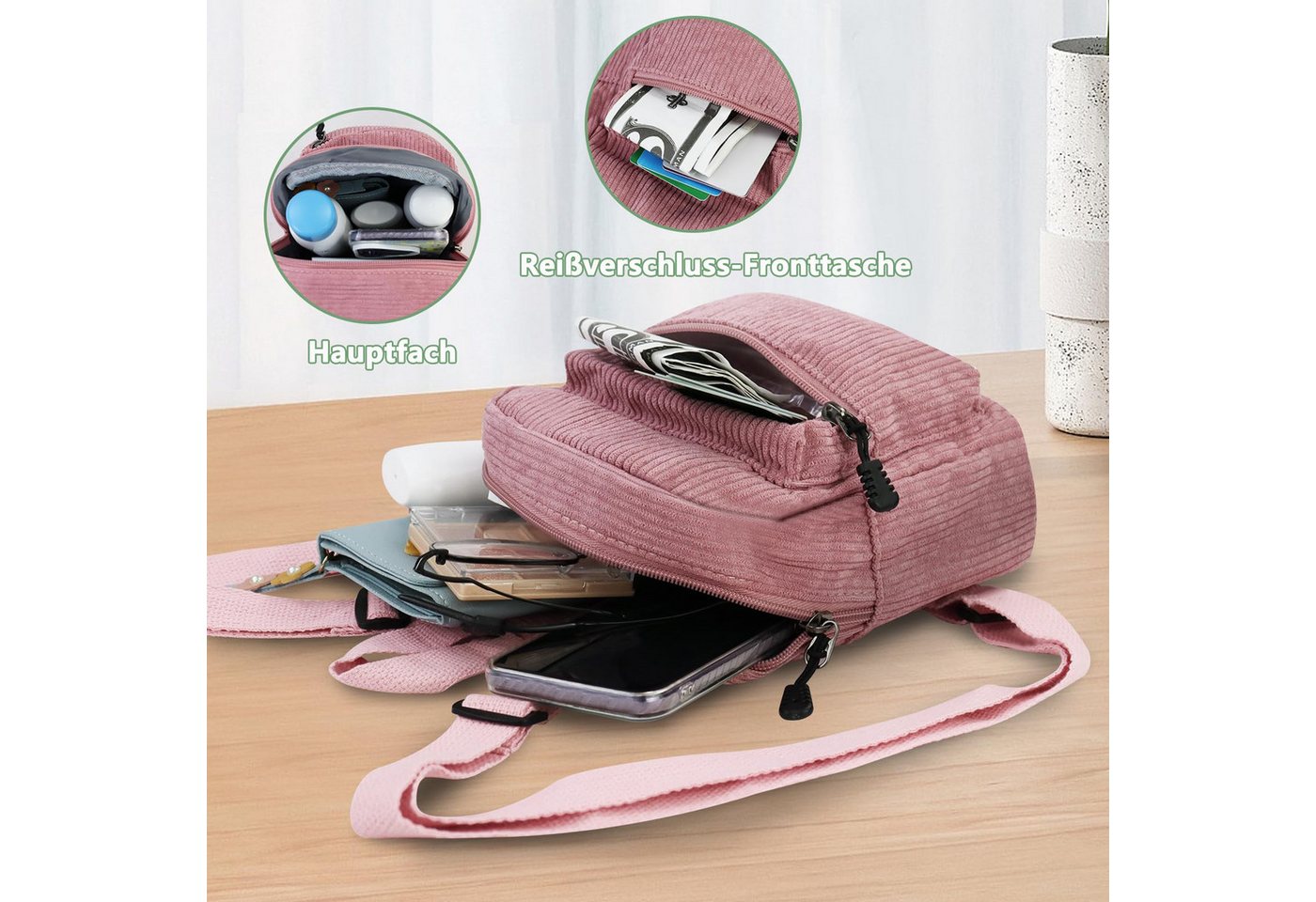 nsihing Rucksack Cord Rucksack Damen Klein, Süß Mini Rucksack Damen, Leicht, mit 2 Reißverschlusstaschen, Verstellbarem Gurt für Reisen Bild 2